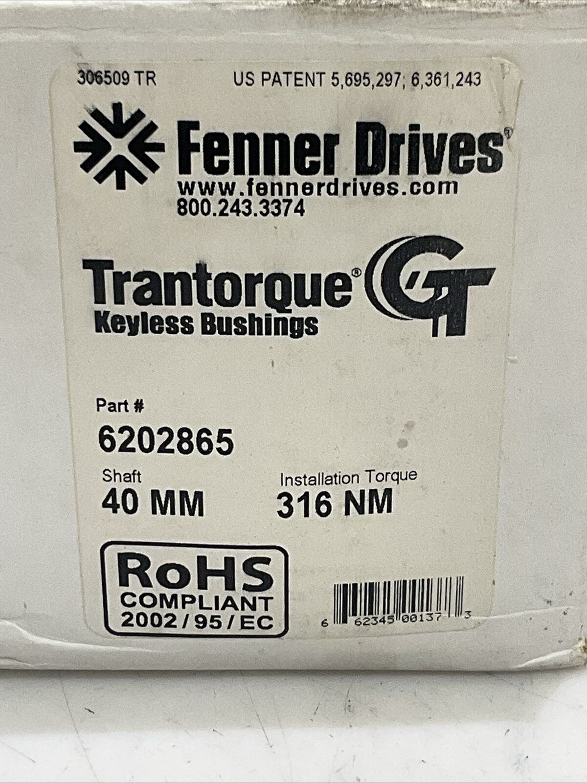 FENNER DRIVES 6202865 TRANTORQUE KEYLESS BUSHINGS 40MM 316NM U3S