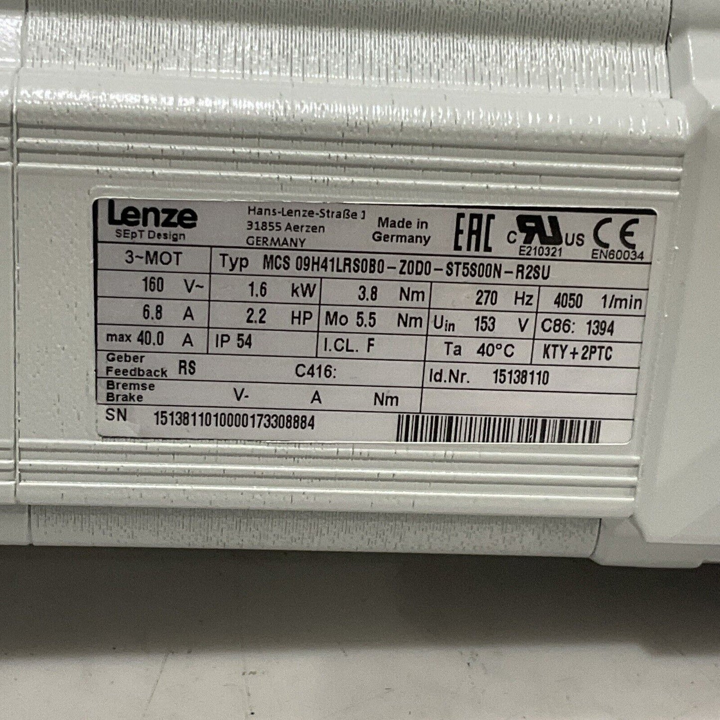 LENZE MCS 09H41LRS0B0-Z0D0-ST500N-R2SU GST05-2S 09HC41 SERVO MOTOR 160V  U3S