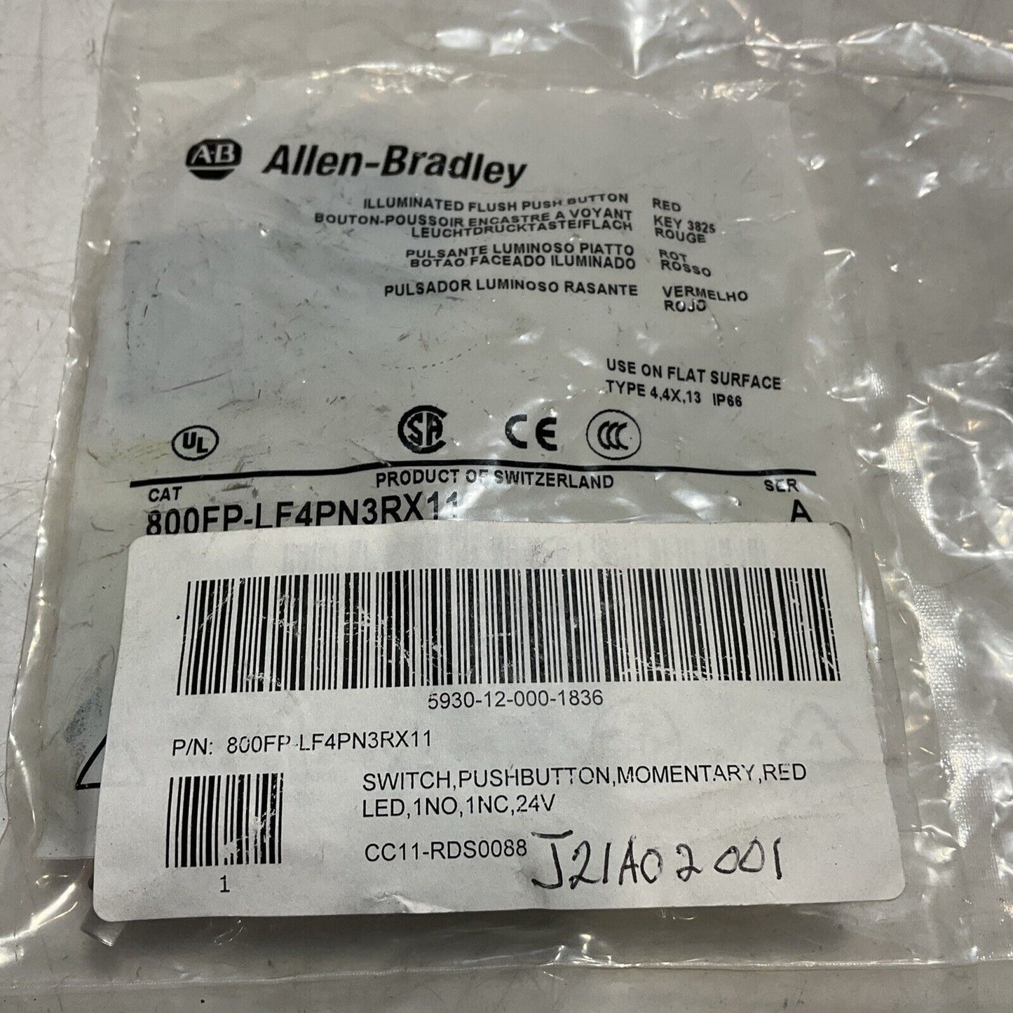 A-B  ALLEN-BRADLEY   800FP-LF4PN3RX11  ILLUMINATED FLUSH PUSH BUTTON  RED  U3S