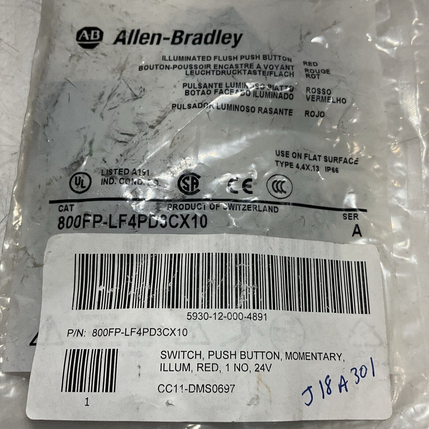 A-B  ALLEN - BRADLEY  800FP-LF4PD3CX10 ILLUMINATED FLUSH PUSH BUTTON RED 24V U3S