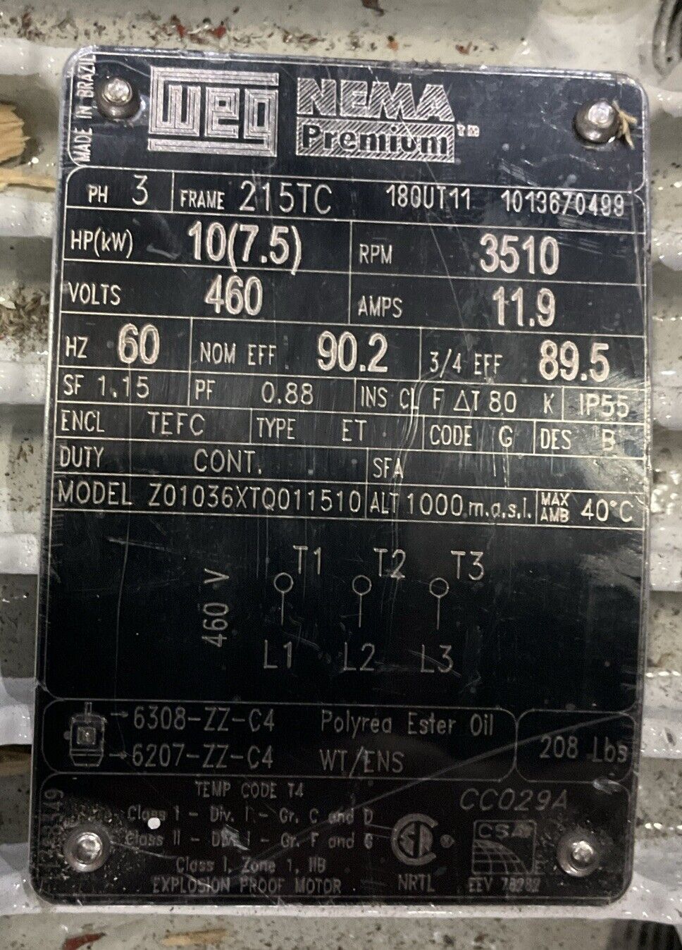 WEG Z01036XTQ011510 MOTOR 215TC 3PH 10HP 3510RPM 460V 11.9A 60HZ