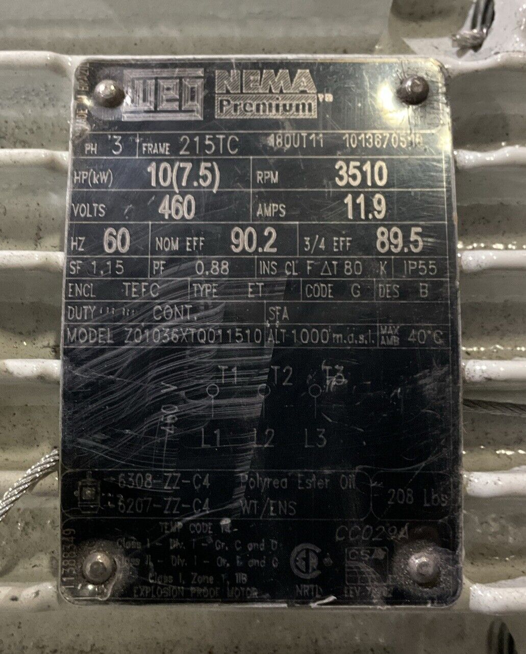 WEG Z01036XTQ011510 MOTOR 215TC 3PH 10HP 3510RPM 460V 11.9A 60HZ