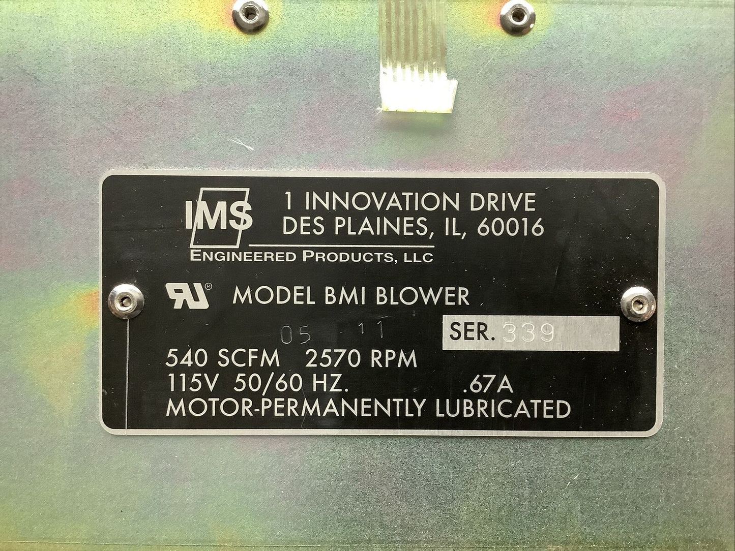 IMS ENGINEERED PRODUCTS 05 BMI BLOWER 339 540 SCFM 2570 RPM 115 V 50/60HZ U3S