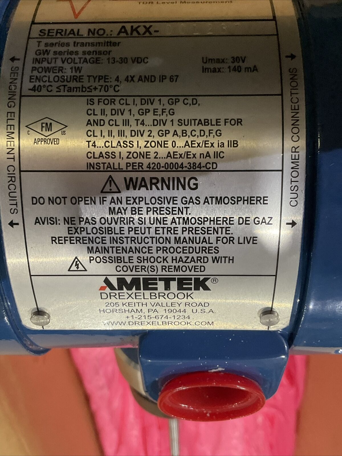 AMETEK DREXELBROOK AKX-001237 B1 NEW IMPULSE GUIDED WAVE RADAR TDR 13-30VDC 373