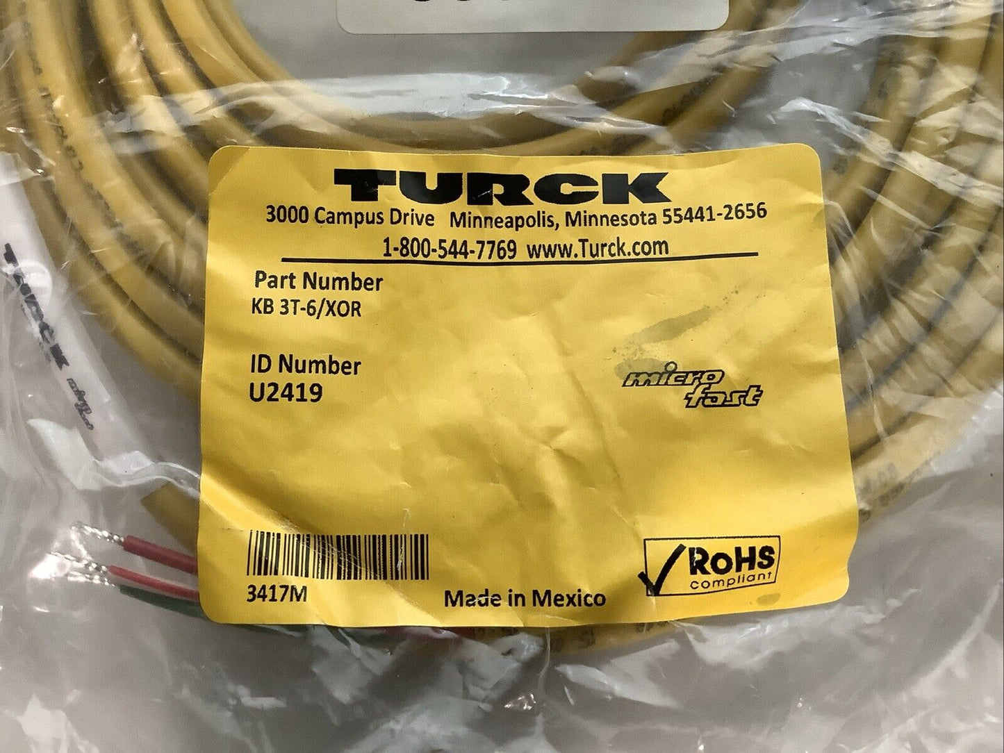 TURCK KB 3T-6/XOR U2419 MICRO FAST SMOLDED CORDSET 3 PIN 1/2IN C2H