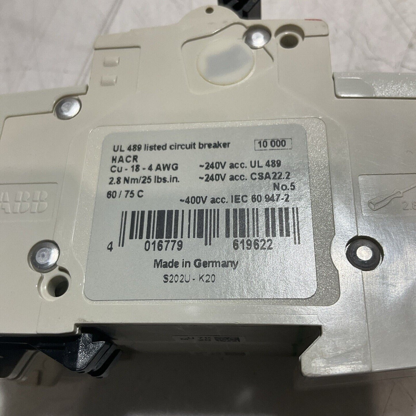 ABB  S202UK20A  CIRCUIT BREAKER  2 POLE  UNIT  U3S