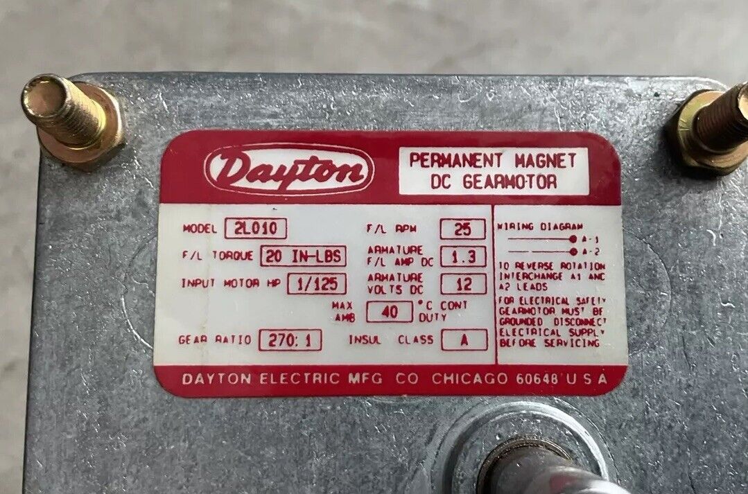 DAYTON 2L010 PERMANENT MAGNET DC GEARMOTOR 12VDC 25RPM 1/125HP 270:1 RATIO U3S