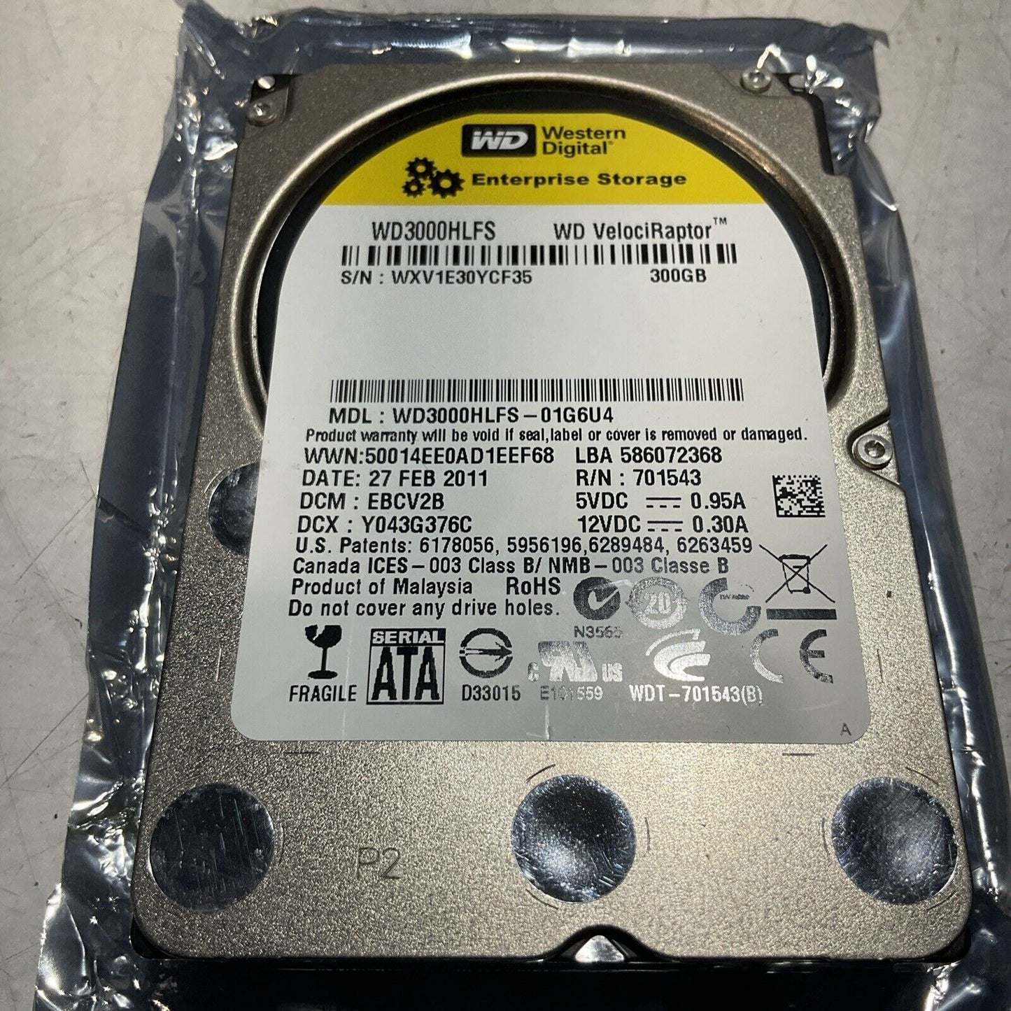 WD WESTERN DIGITAL 300GB VELOCIRAPTOR  WD3000HLFS DRIVE HARD INTERNAL SATA U3S