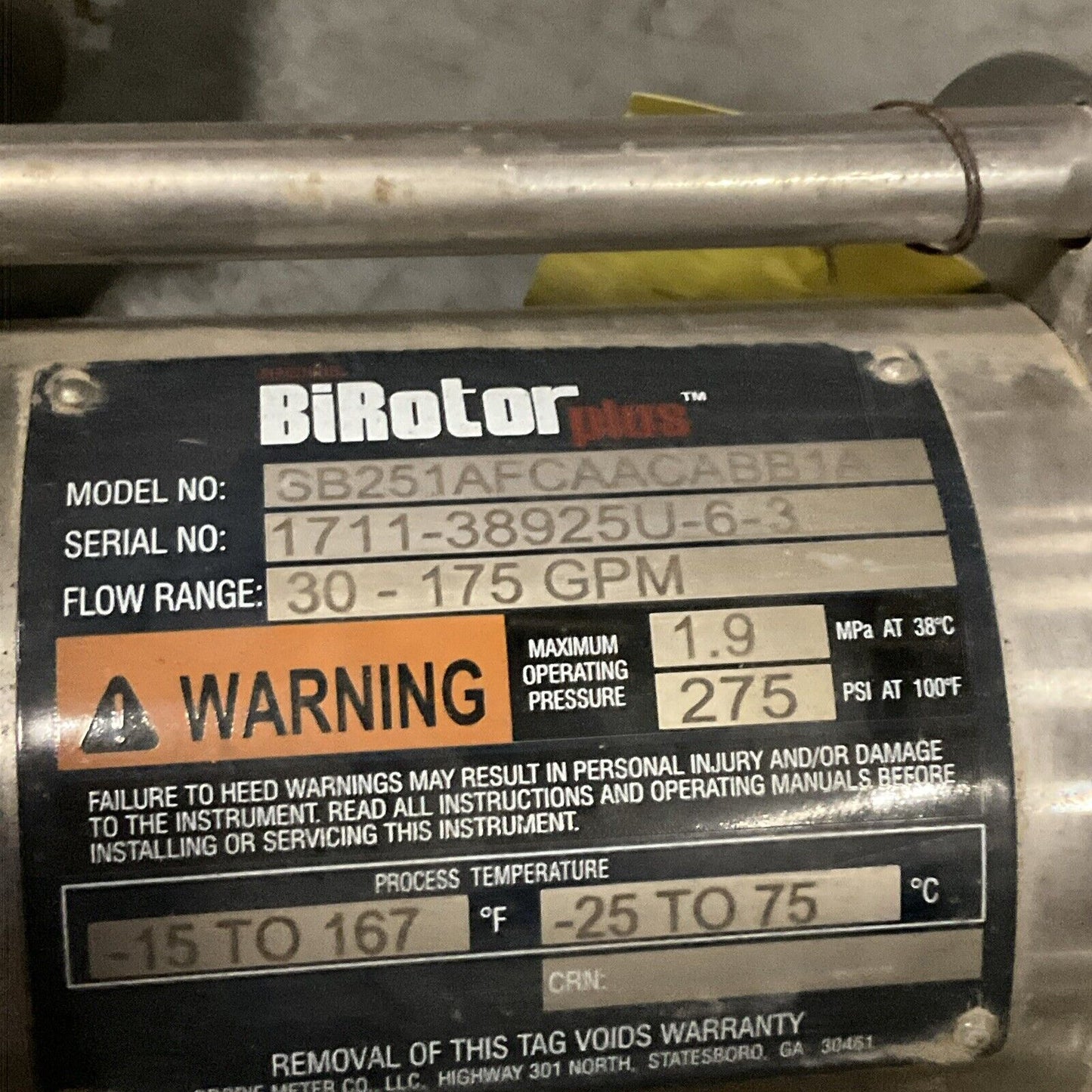 BRODIE BIROTOR SB251AFCAACABB1A PLUS FLOW METER 1.9 MPA 275 PSI -15 TO 167 F 476