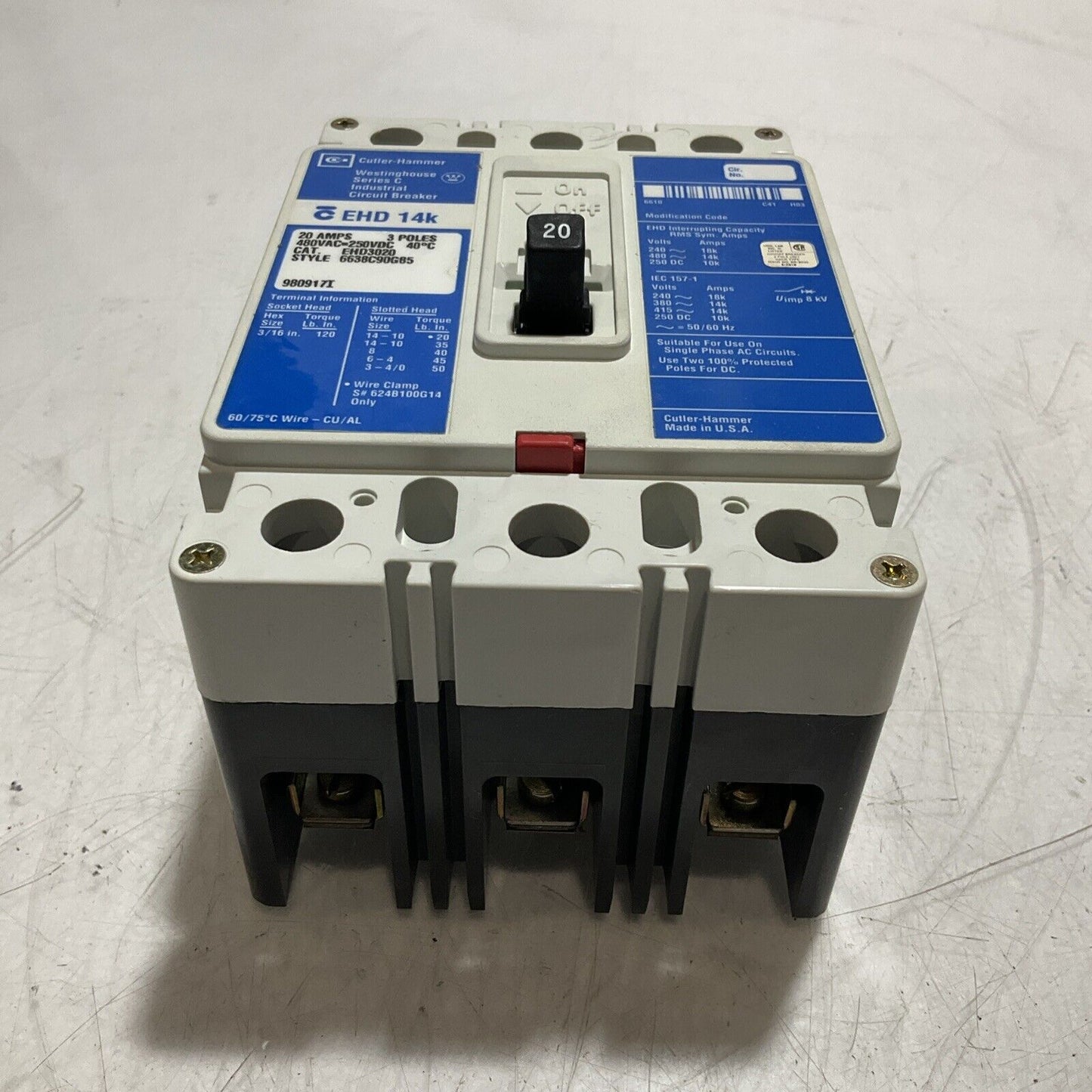 CUTLER-HAMMER  EHD3020 20A INDUSTRIAL CIRCUIT BREAKER  SERIES C