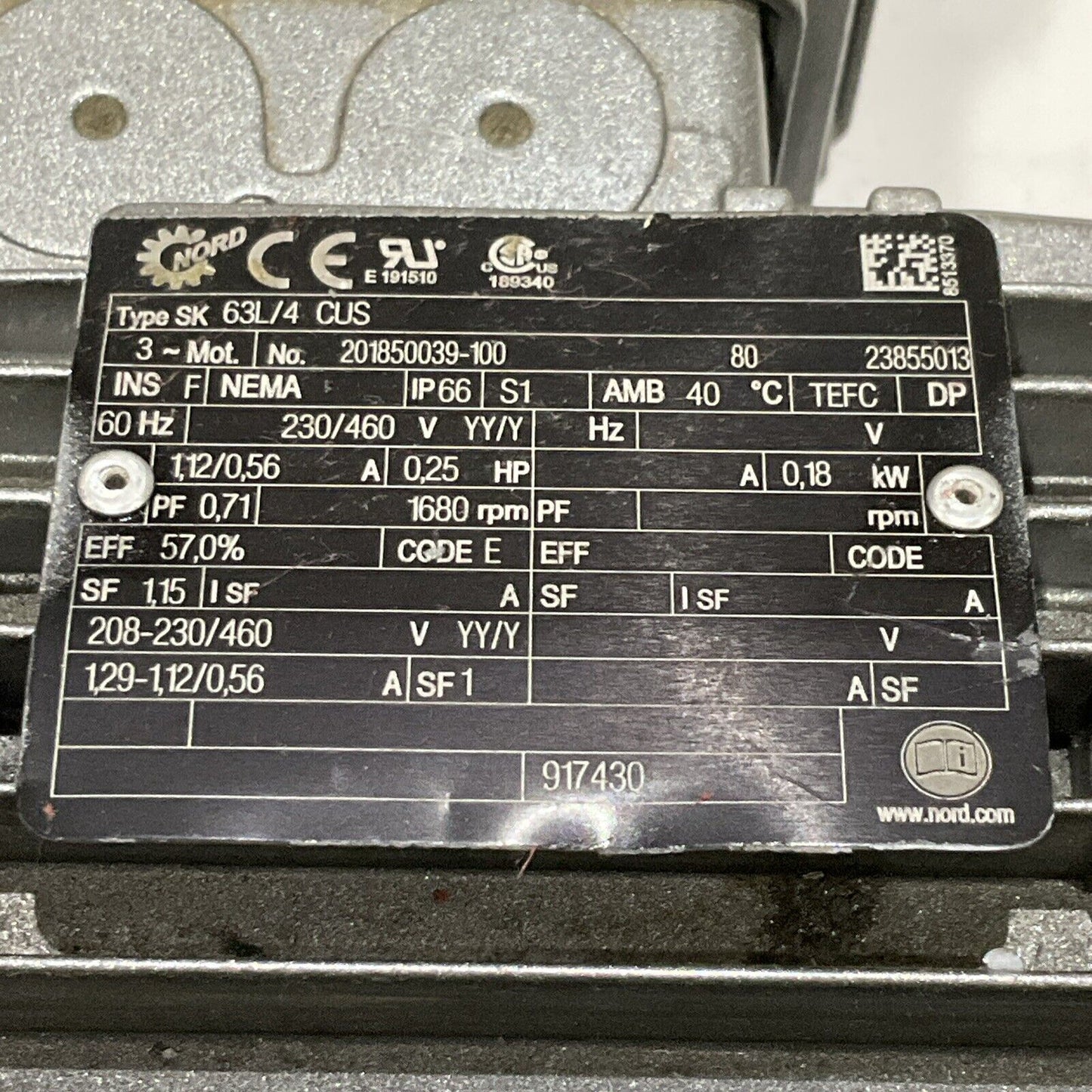 NORD SK 63L/4 CUS 201850039-100 GEARBOX MOTOR .25 HP 1680 RPM 60HZ 230/460V C2H