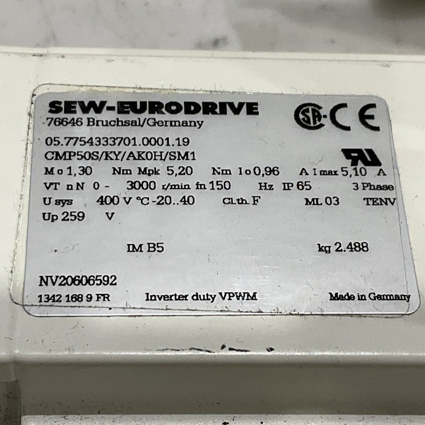 SEW-EURODRIVE CMP50S/KY/AK0H/SM1 05.7754333701.0001.19 SERVO MOTOR 3000RPM C2H