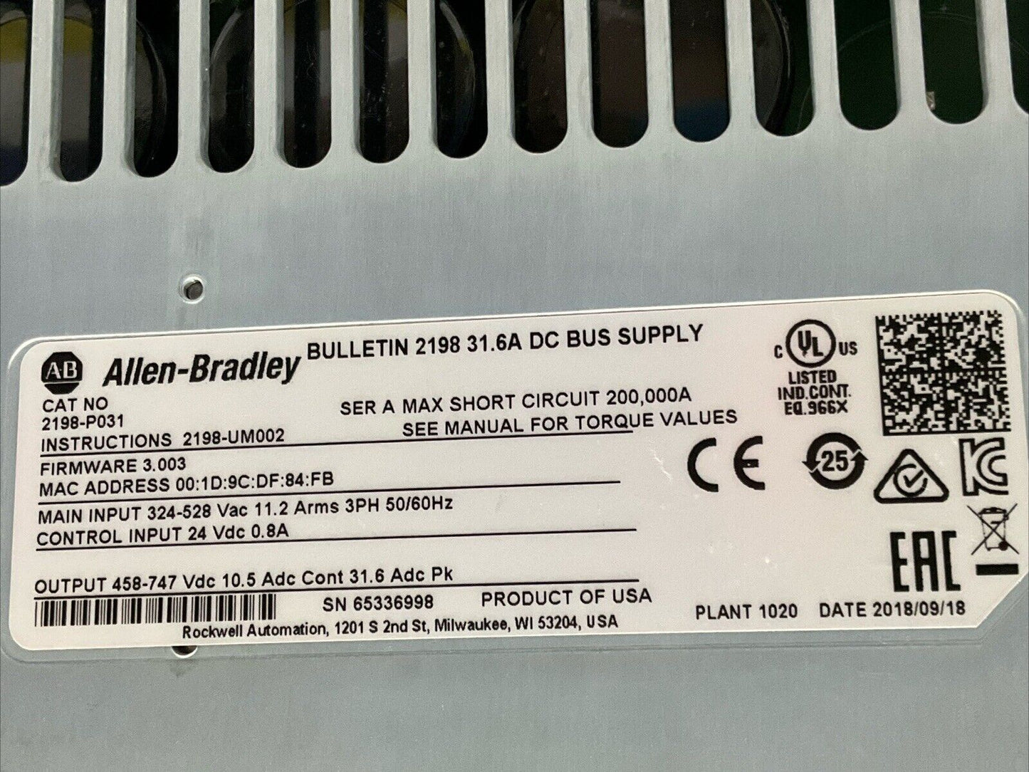 AB ALLEN BRADLEY 2198-P031 219216 KINETIX 5700 DC BUS BULLETIN 2198 31.6A C2H