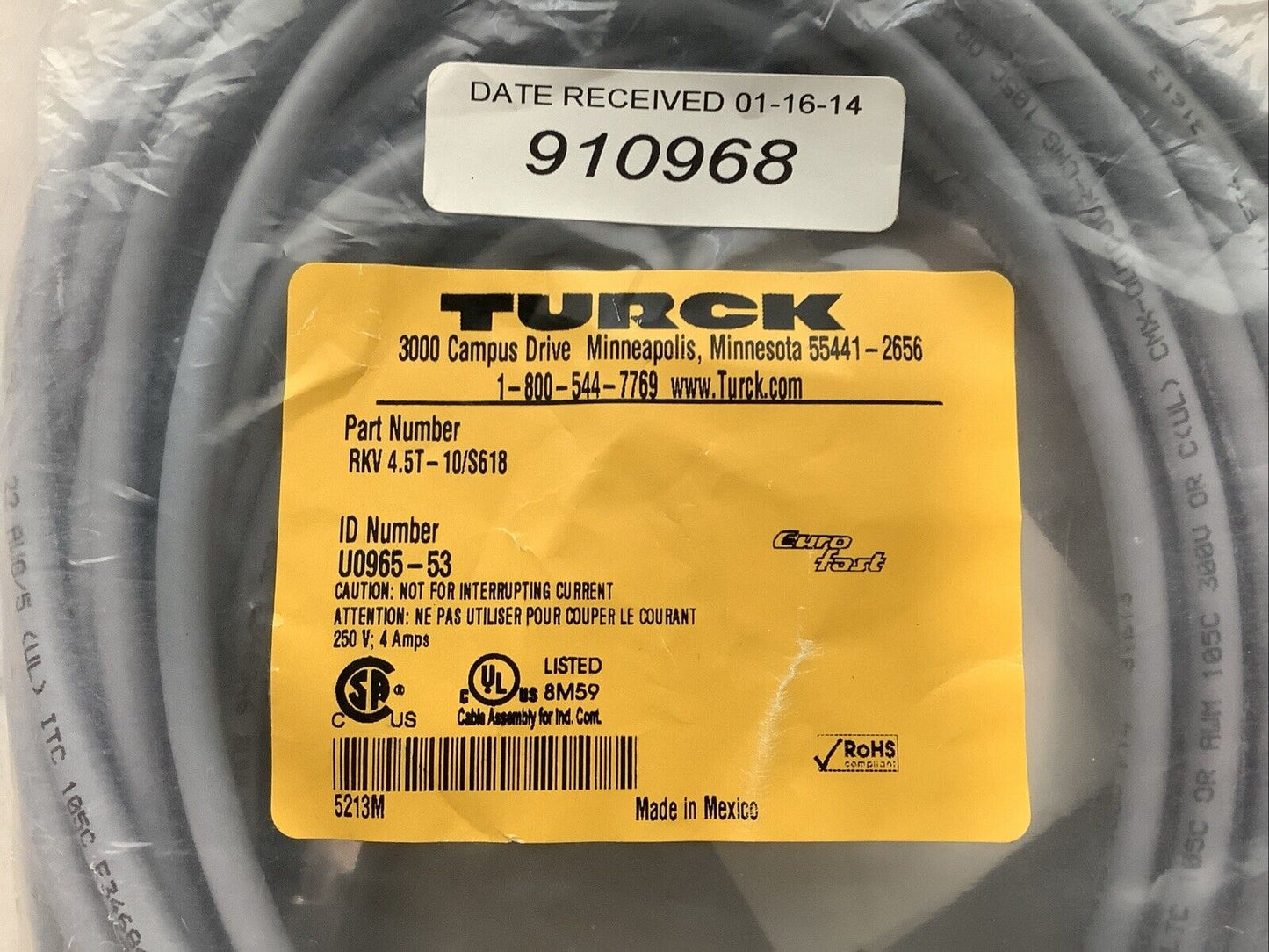 TURCK RKV 4.5T-10/S618 U0965-53 CORDSET 5 PIN 10M 250V 4A C2H