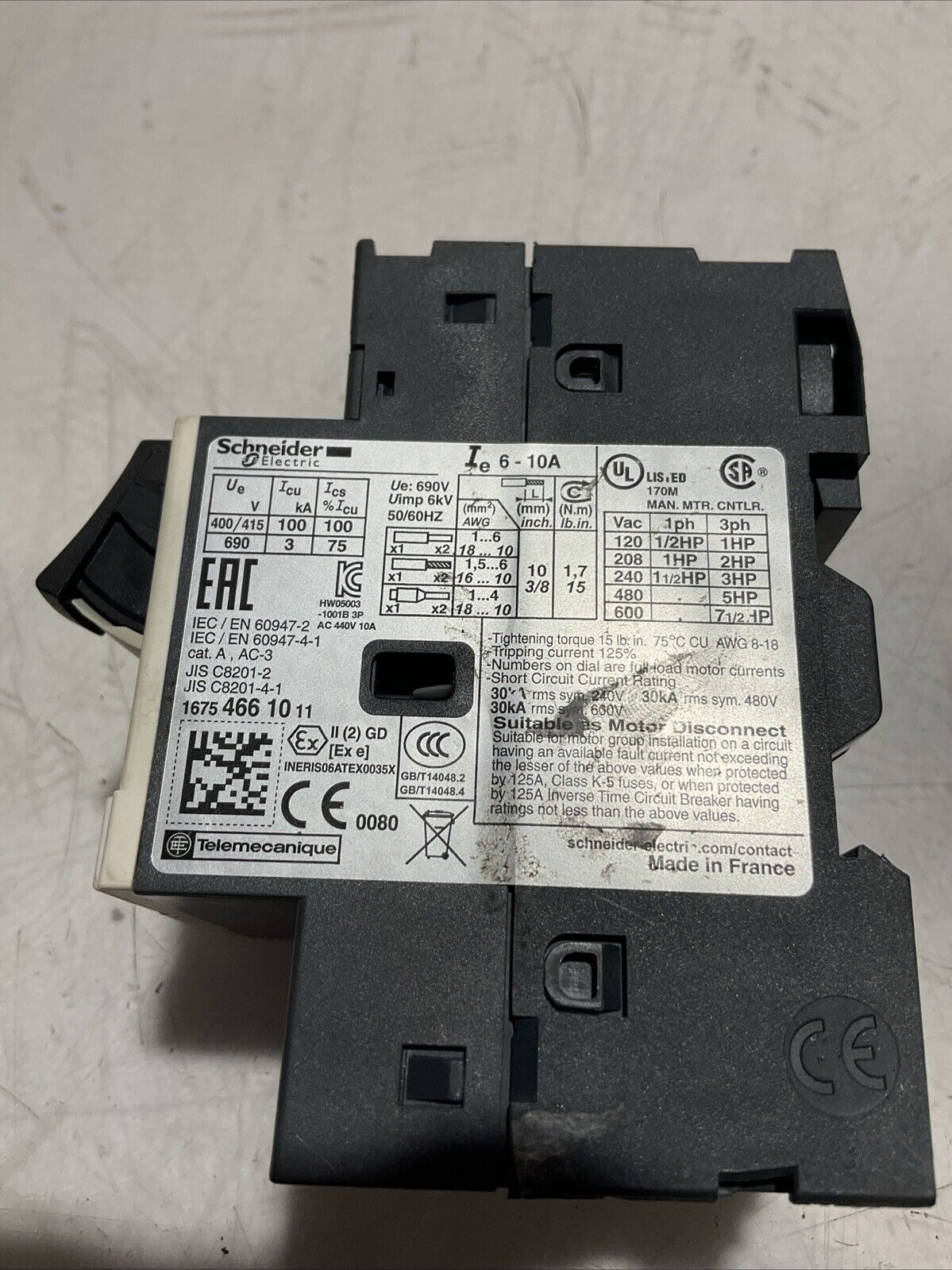 SCHNEIDER ELECTRIC GV2ME14 MANUAL MOTOR STARTER U3S