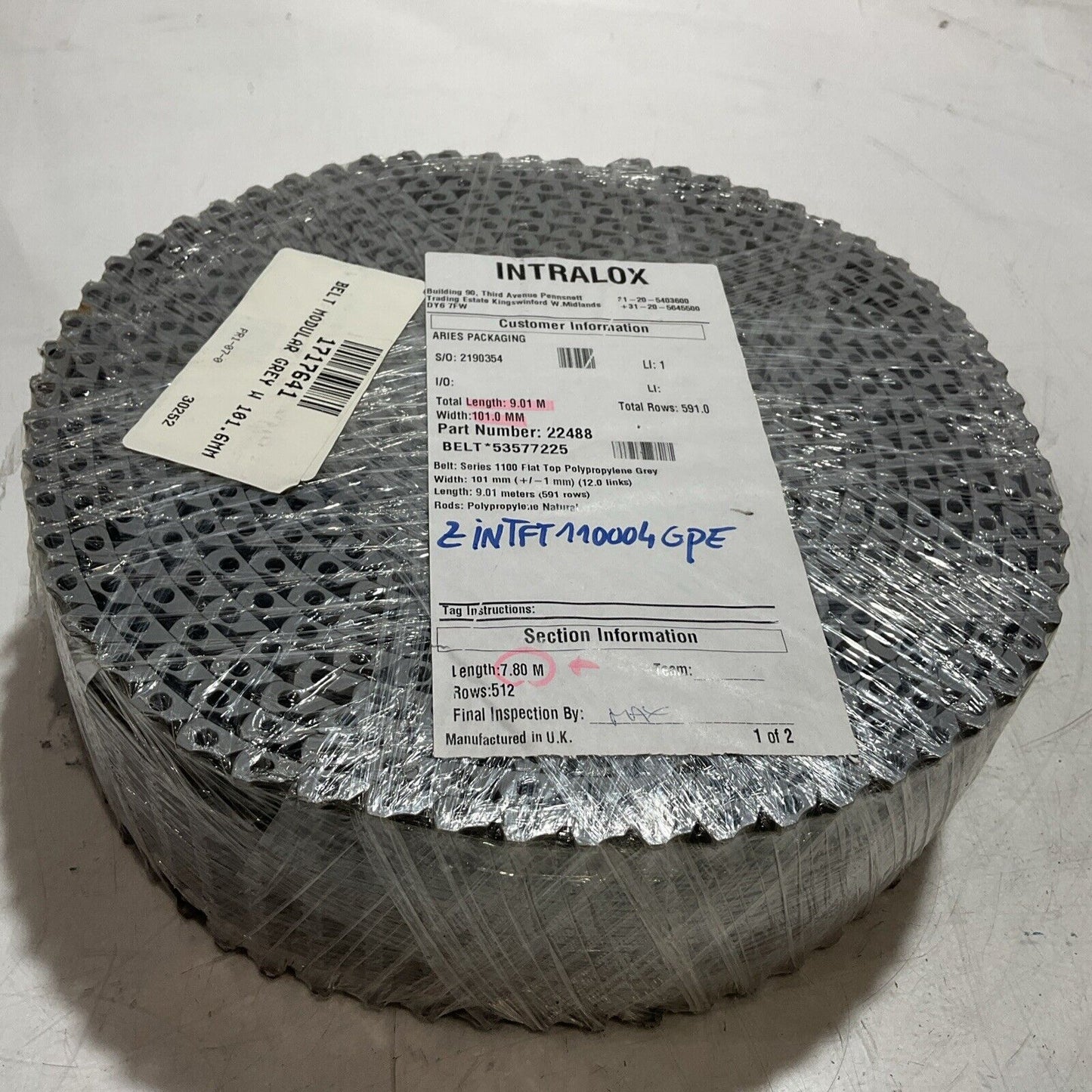 INTRALOX  22488 7.80M 101MM 12 LINKS MODULAR GREY CONVEYER  BELT  C2H