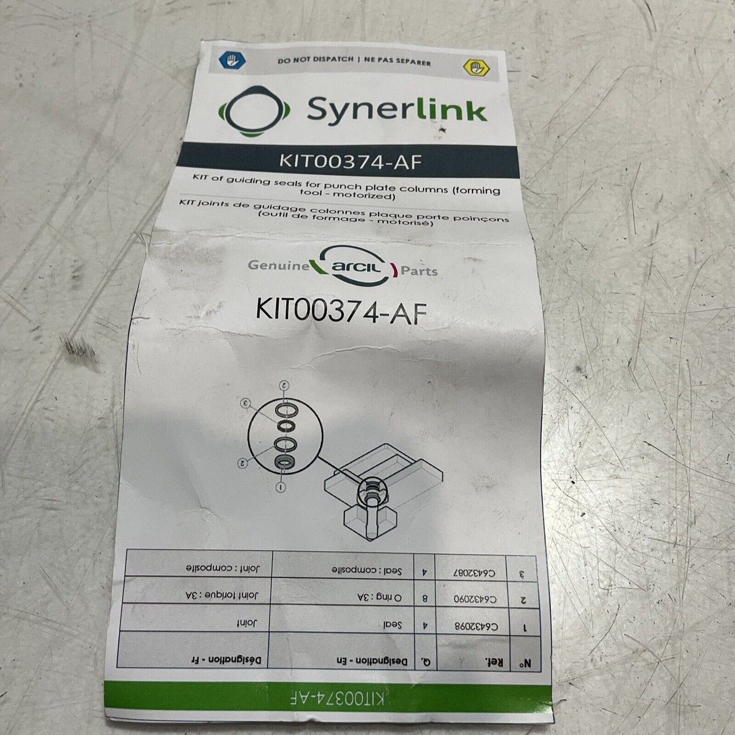 SYNERLINK  KIT00875-AA KIT OF GUIDING SEAL FOR PUNCH PLATE  COLUMNS LOT OF  2