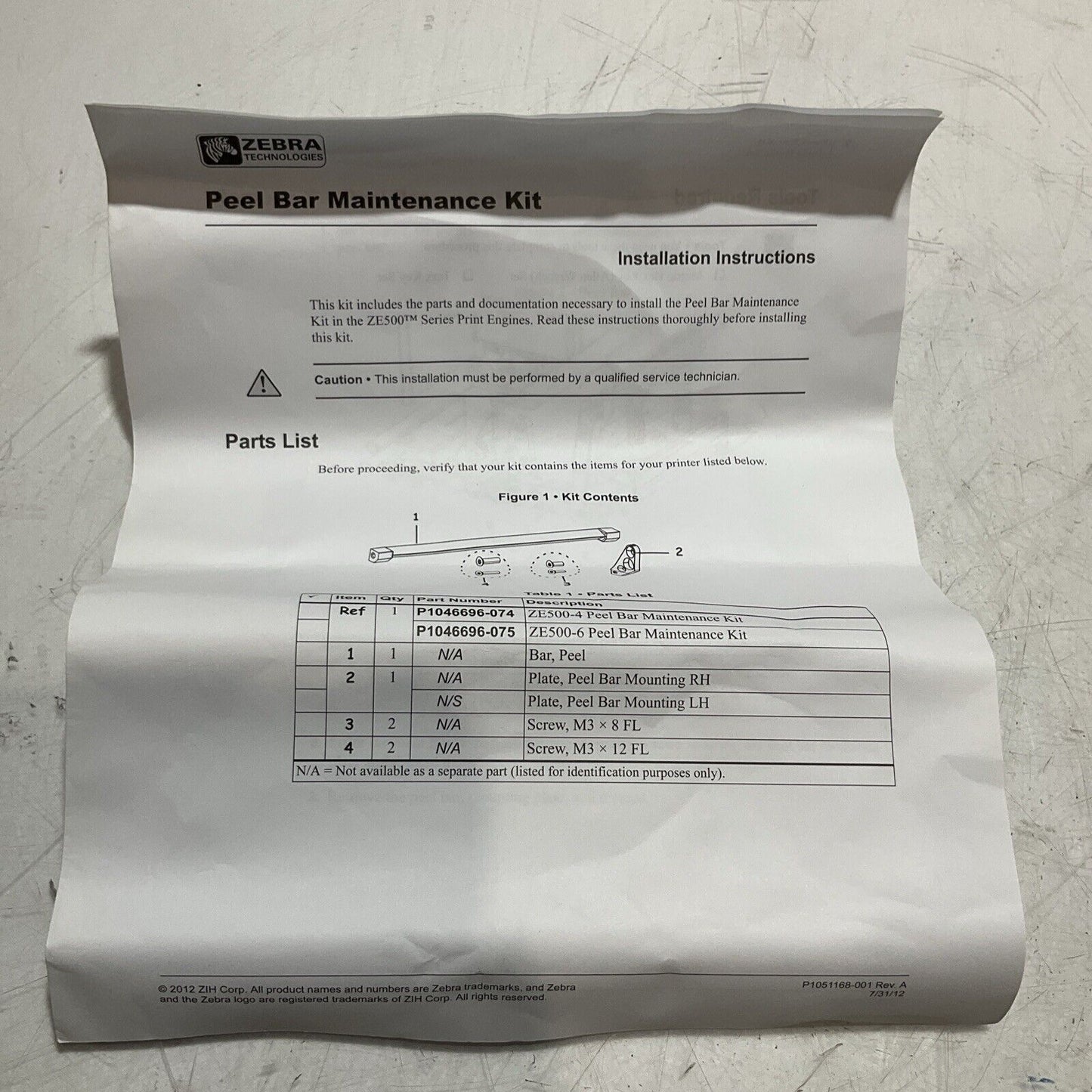 ZEBRA  1046696-075  KIT PRINTER  SPARES PEEL BAR LOT OF 2 C2H