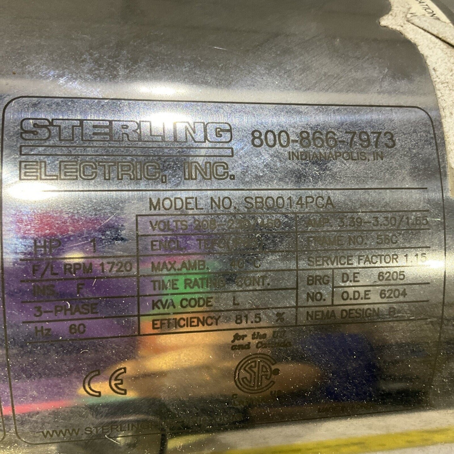 STERLING ELECTRIC SB0014PCA MOTOR 230/460V 1720RPM 3P 60HZ 1HP C2H