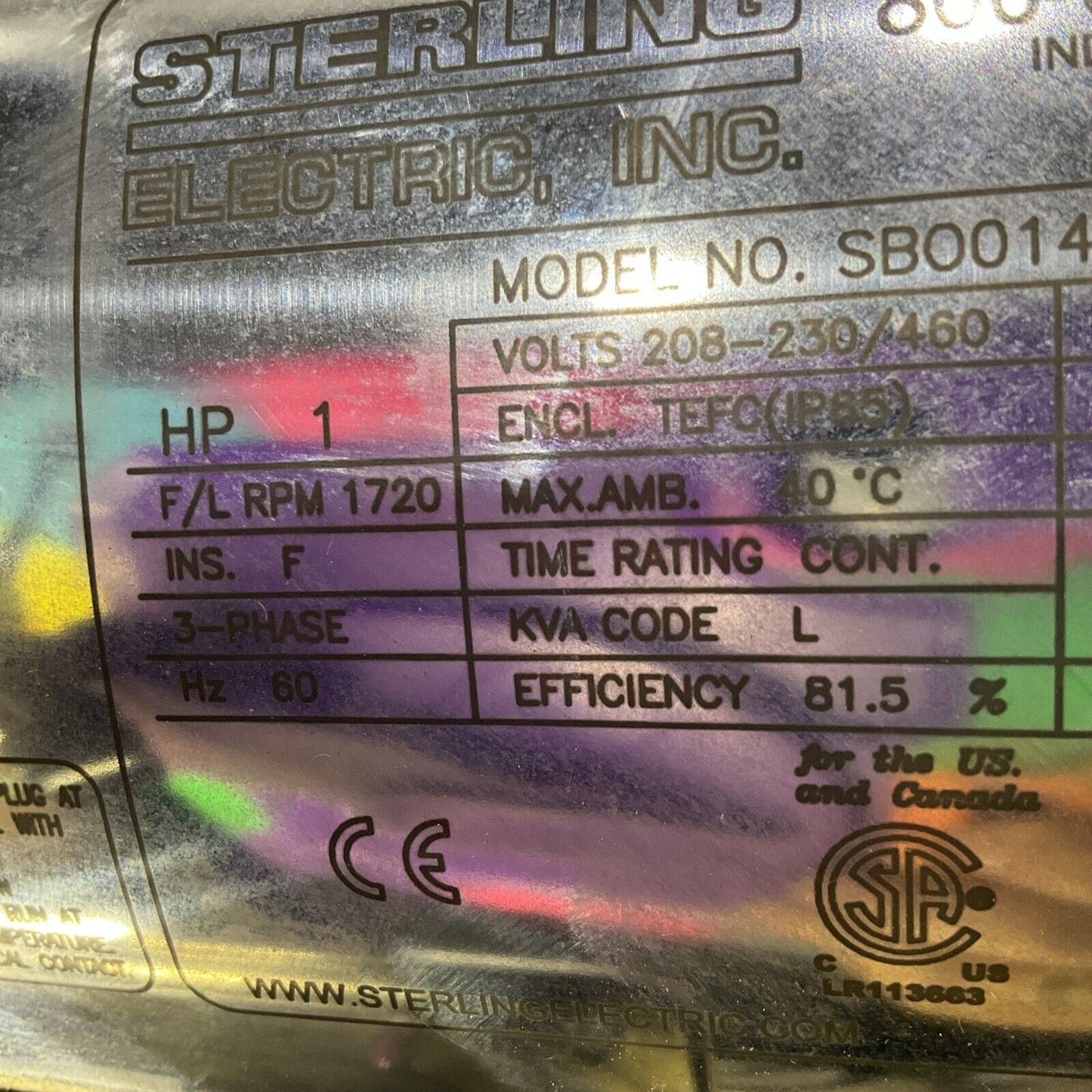 STERLING ELECTRIC SB0014PCA MOTOR 230/460V 1720RPM 3P 60HZ 1HP C2H