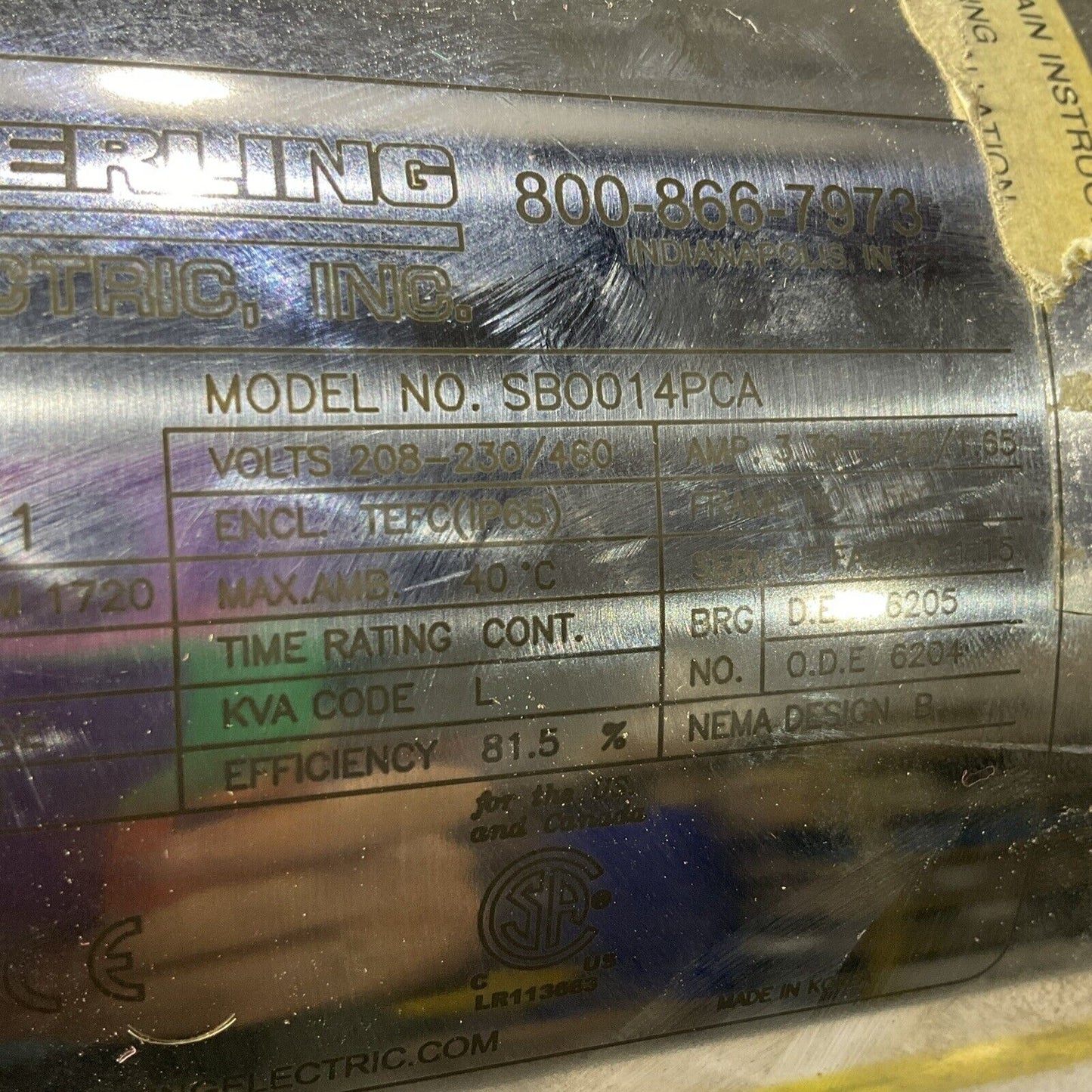 STERLING ELECTRIC SB0014PCA MOTOR 230/460V 1720RPM 3P 60HZ 1HP C2H