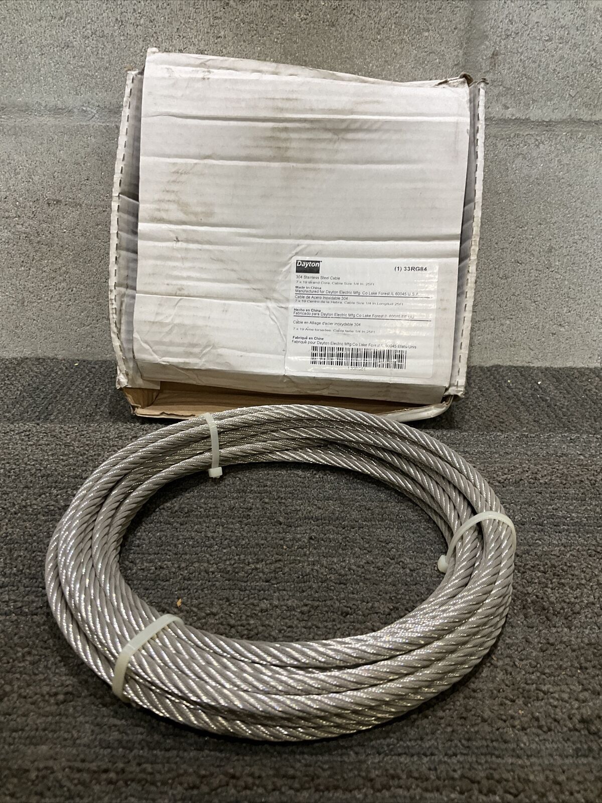 DAYTON 33RG84 304 STAINLESS STEEL CABLE 444 1/4" 25'