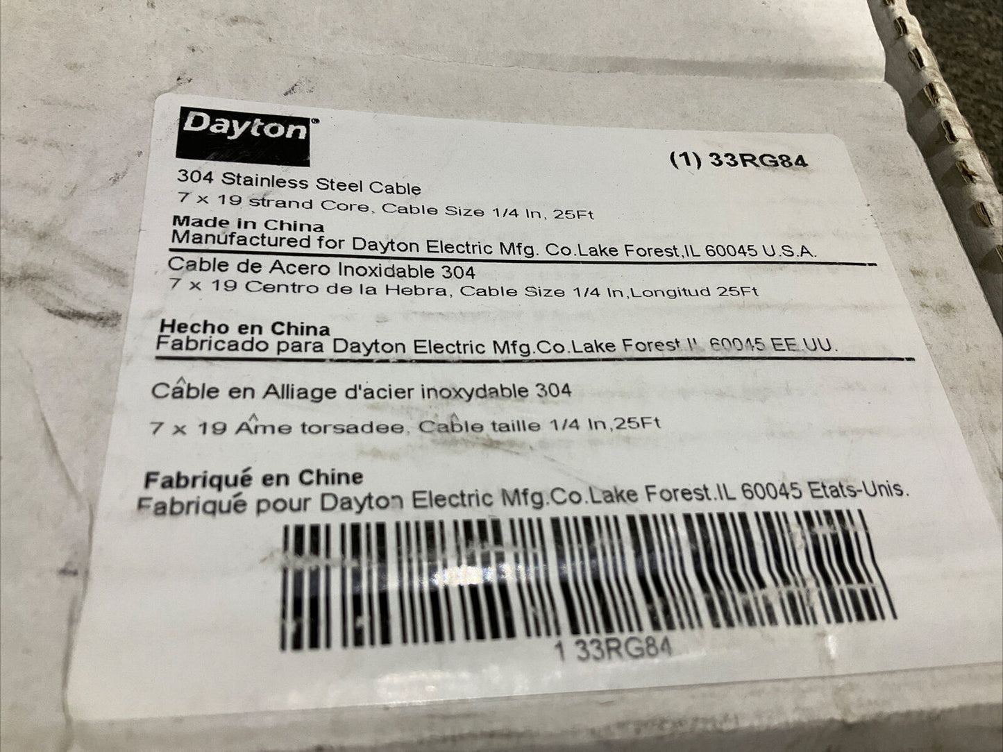 DAYTON 33RG84 304 STAINLESS STEEL CABLE 444 1/4" 25'