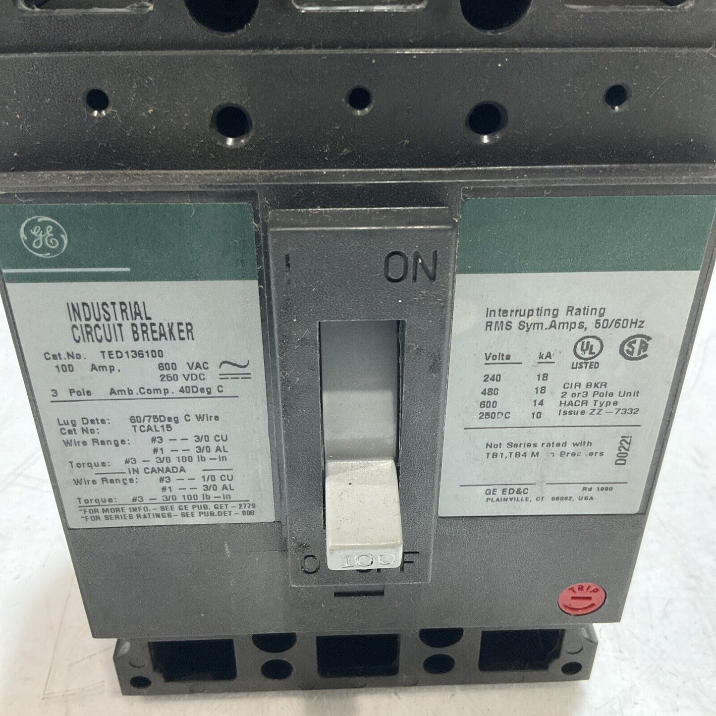 GE  TED136100WL 100A MOLDED  INDUSTRIAL CIRCUIT BREAKER  U3S
