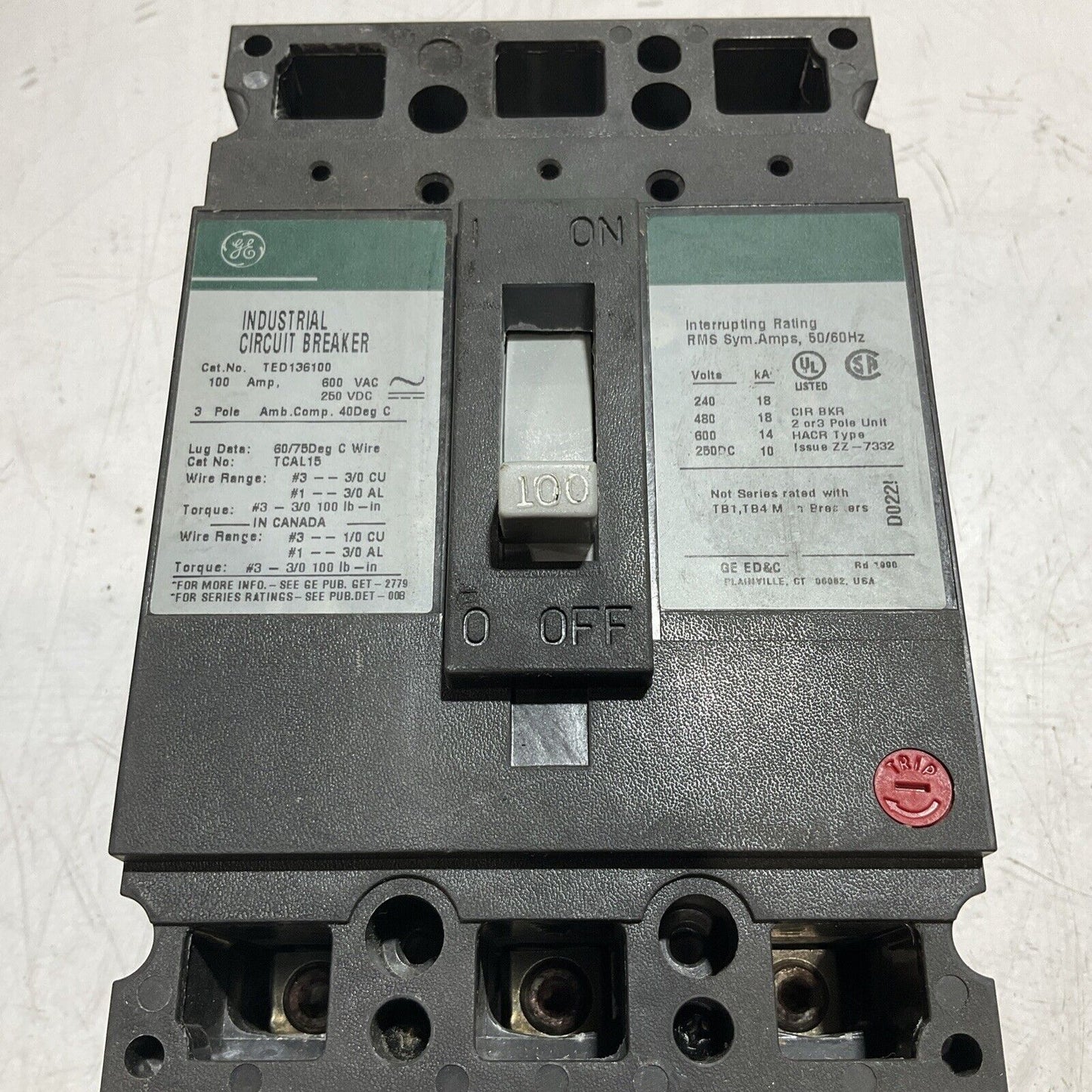 GE  TED136100WL 100A MOLDED  INDUSTRIAL CIRCUIT BREAKER  U3S