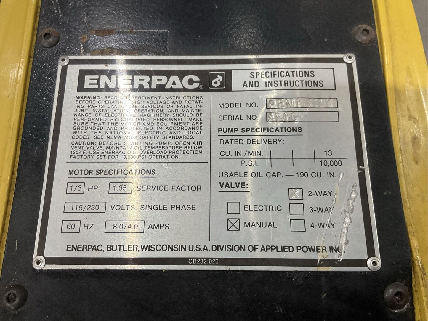 ENERPAC PEM1321 MANUAL HYDRAULIC PUMP 2-WAY 10000PSI 1PH 1/3HP 115/230V 60HZ