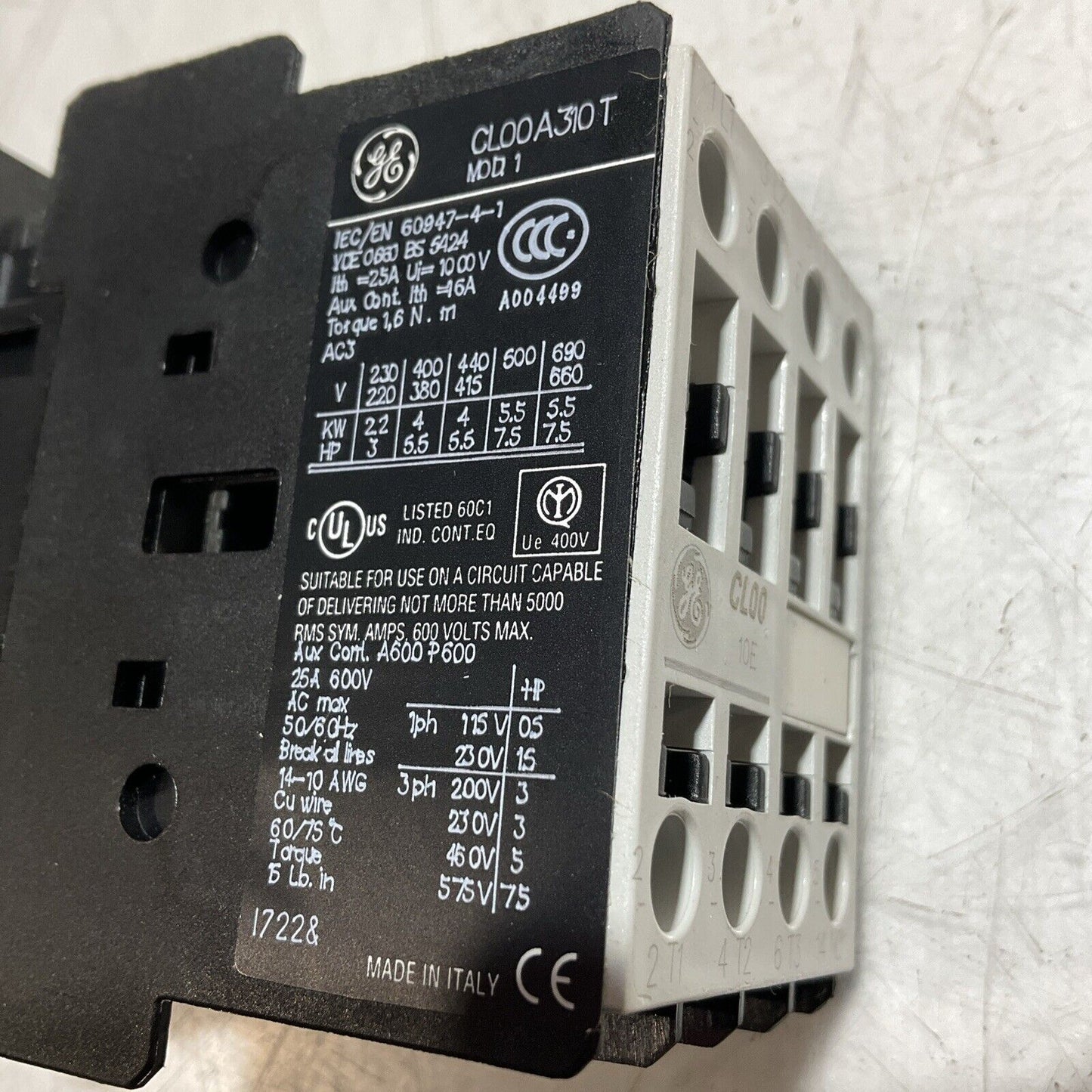 GE  CL00A310TJ  CONTACTOR 4 POLE 25A 600V E3G