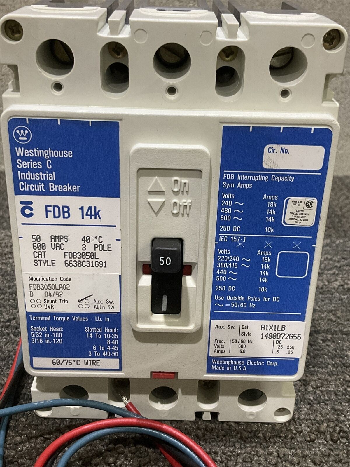 WESTINGHOUSE FDB 14K FDB3050L INDUSTRIAL CIRCUIT BREAKER 50A 600VAC 3 POLE 444