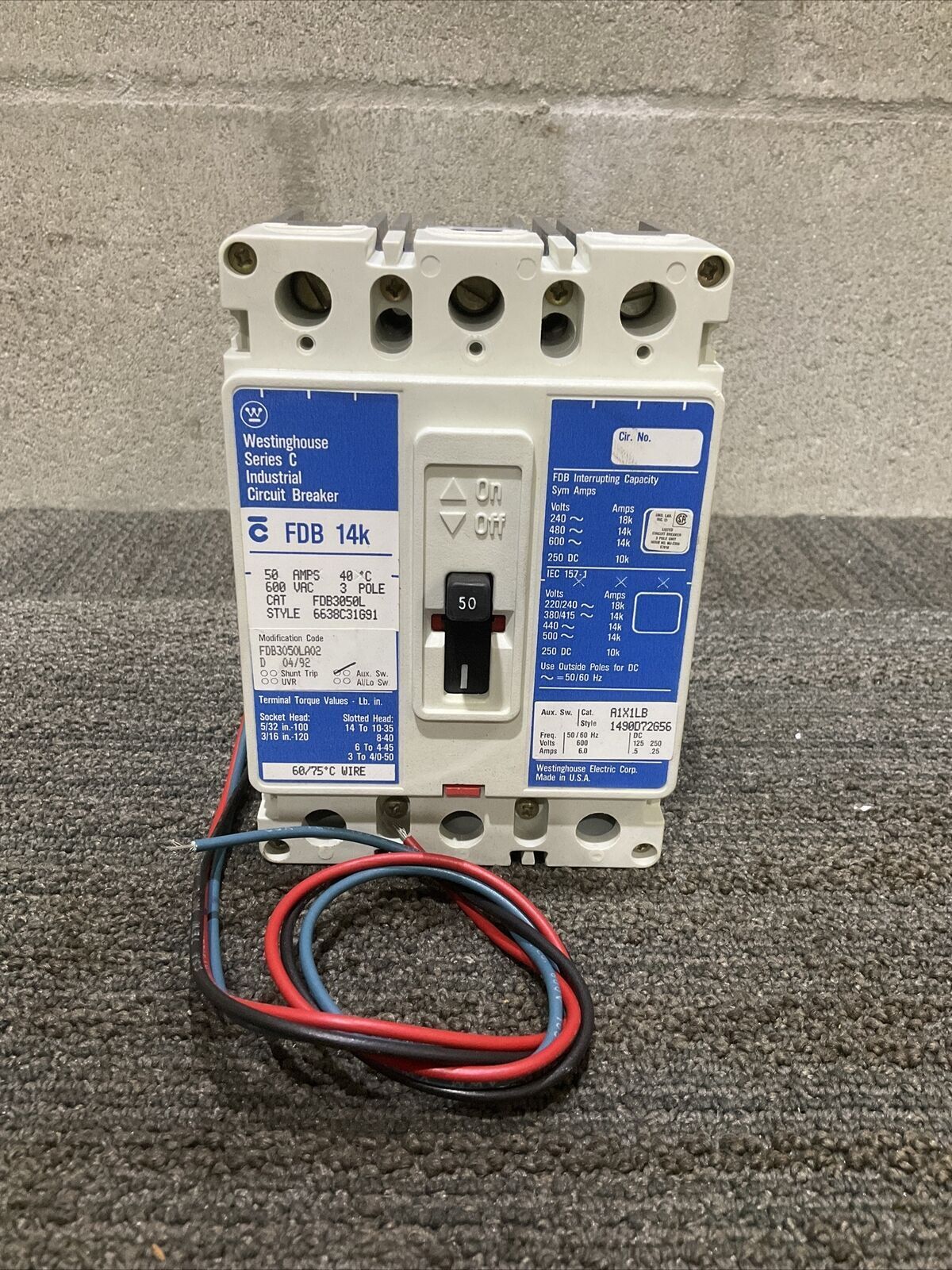 WESTINGHOUSE FDB 14K FDB3050L INDUSTRIAL CIRCUIT BREAKER 50A 600VAC 3 POLE 444