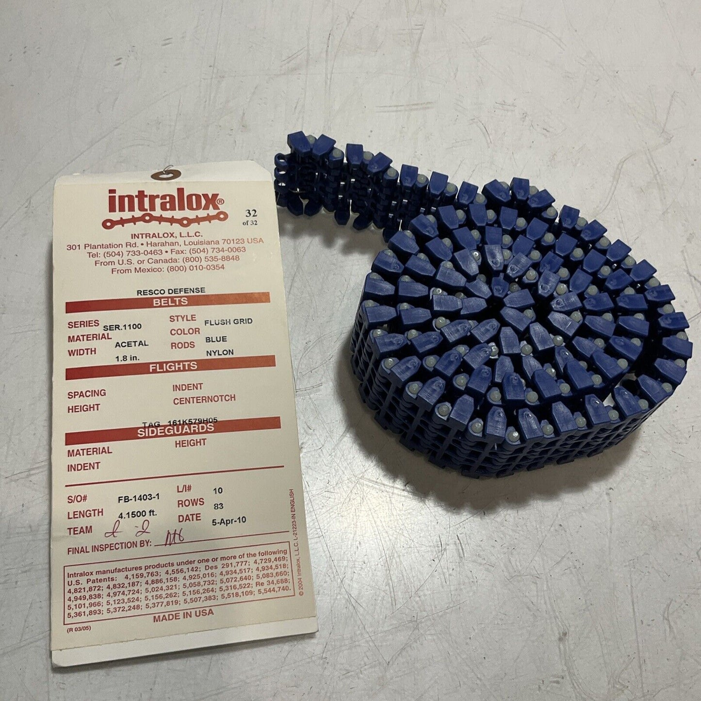 INTRALOX  SER 1100  BLUE FLUSH GRID BELT TABBED L=1262  LOT OF 2 U3S