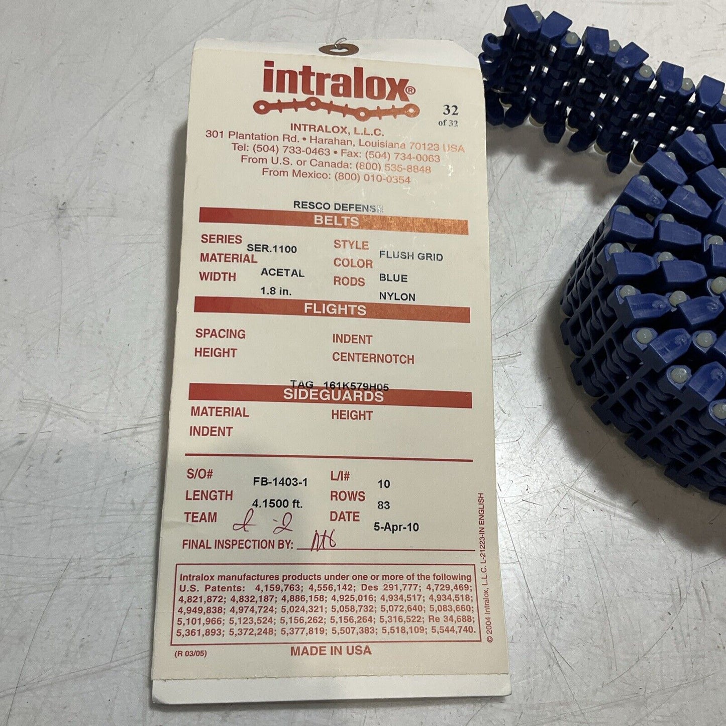 INTRALOX  SER 1100  BLUE FLUSH GRID BELT TABBED L=1262  LOT OF 2 U3S