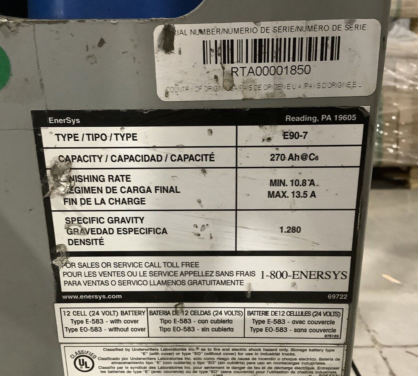 ENERSYS IRONCLAD WORKHOG E90-7 FORKLIFT BATTERY 270AH 10.8-13.5A 24V