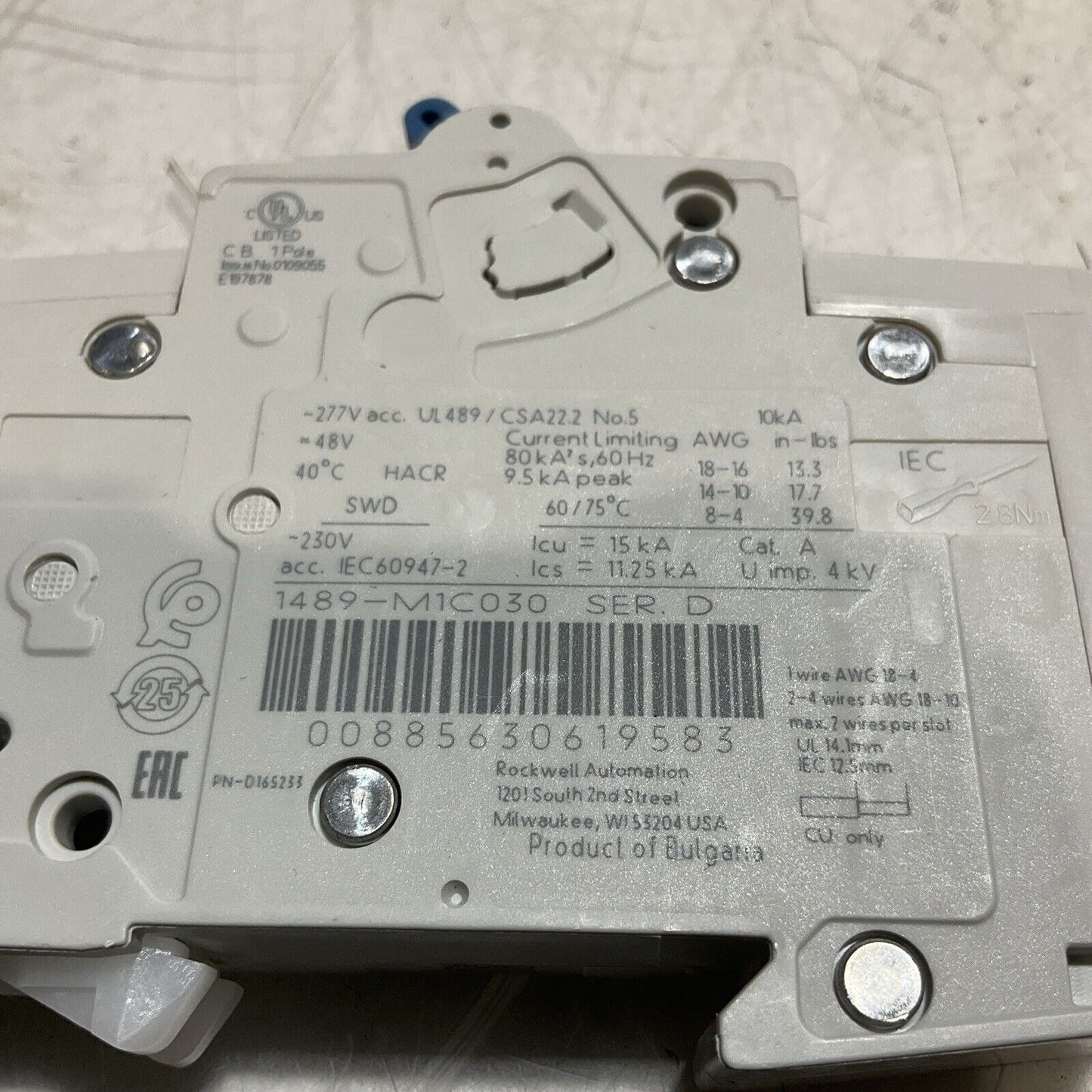 ALLEN- BRADLEY  A-B 1489-MC3A  MINIATURE CIRCUIT BREAKER  1POLE  LOT OF 2 C2H