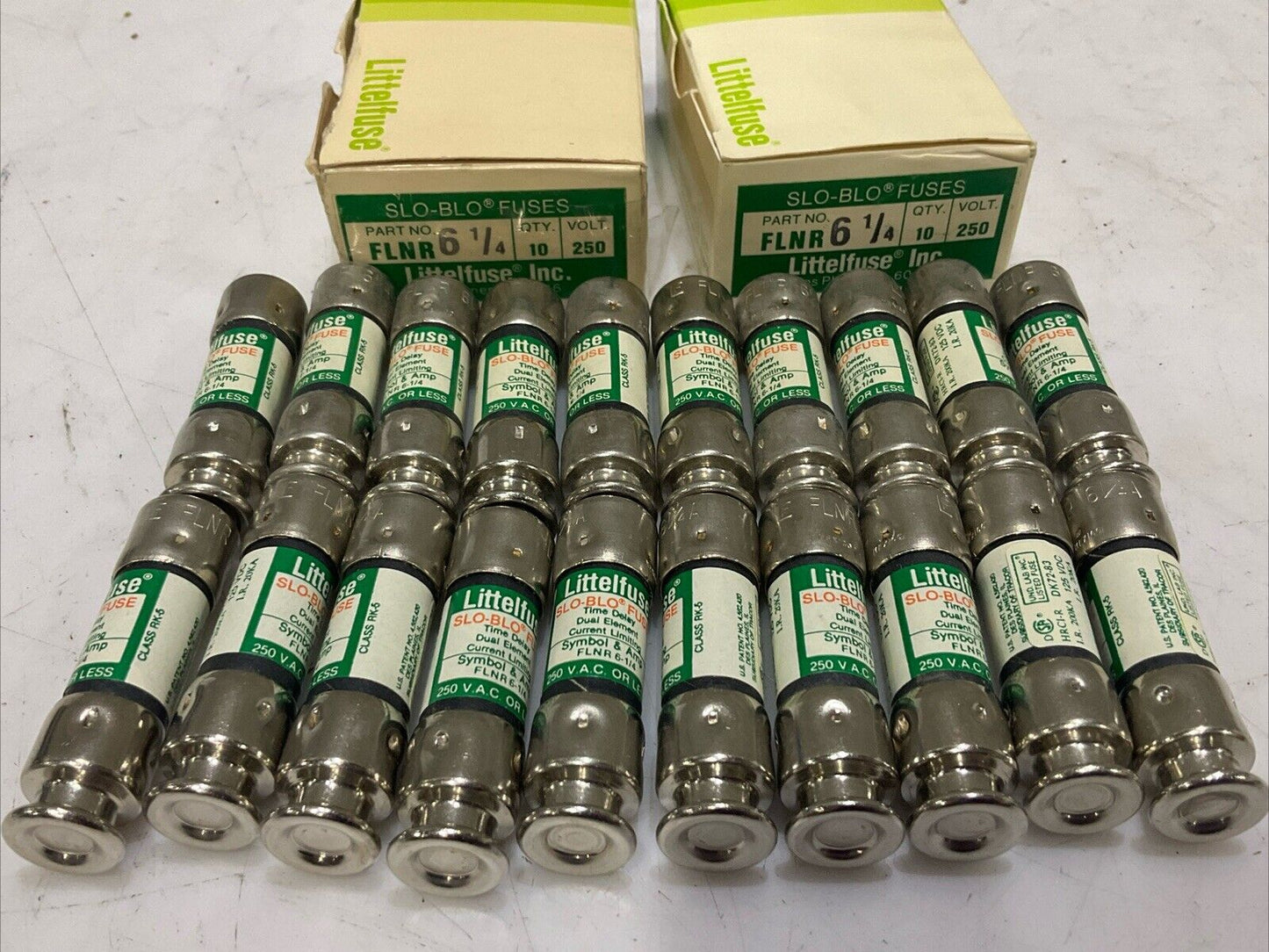 LITTELFUSE FLNR 6 1/4 SLO-BLO TIME DELY DUAL CURRENT LIMITING FUSE LOT OF 20 T9Y