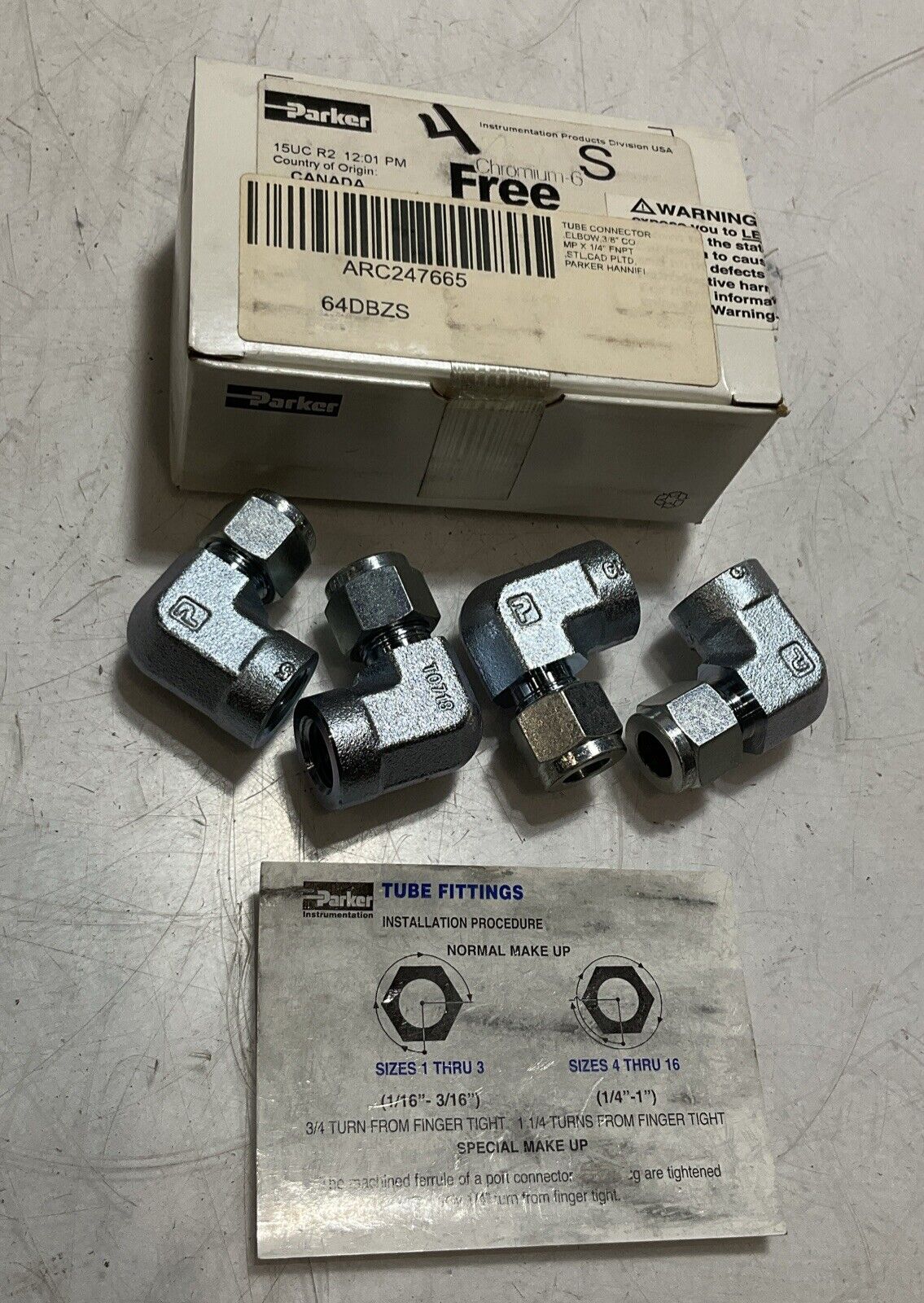 PARKER  64DBZS TUBE FITTING CONNECTOR  ELBOW  3/8 CO MPX1  LOT OF 4 K9S