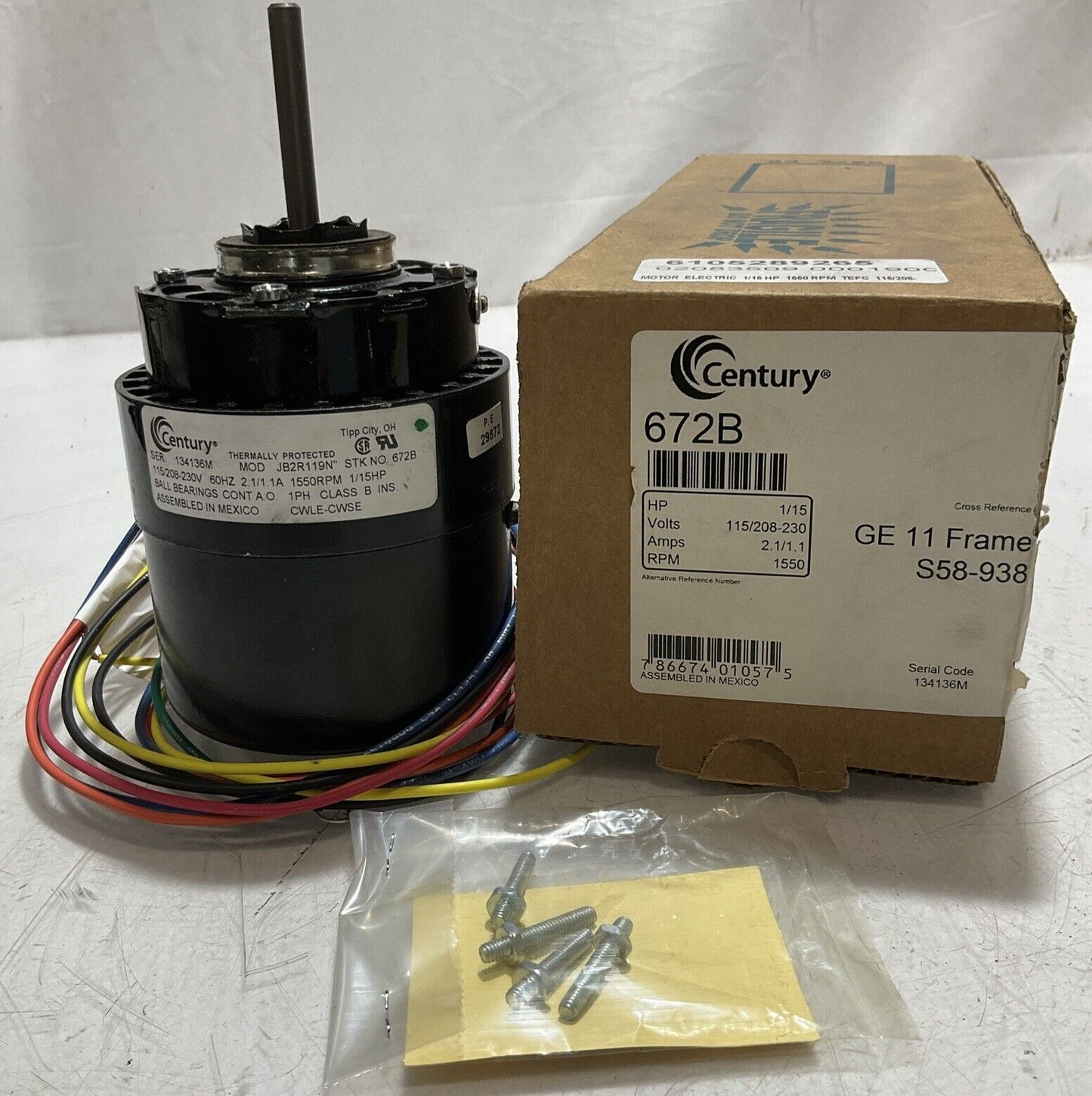 CENTURY 672B GE 11 FRAME MOTOR ELECTRIC 1/15HP S58-938 MOD JB2R119N 60HZ 373