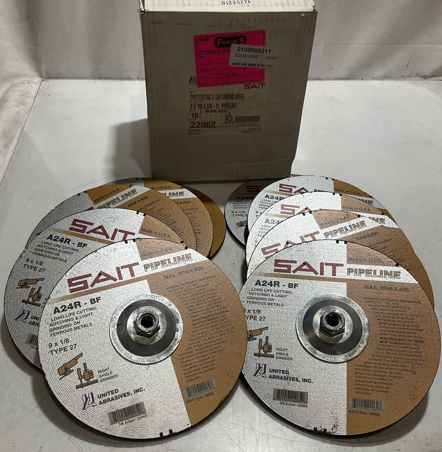 SAIT A24R-BF 22062/279X1/8 CUTTING & LIGHT GRINDING WHEELS RPM6,600MAX QTY10 373