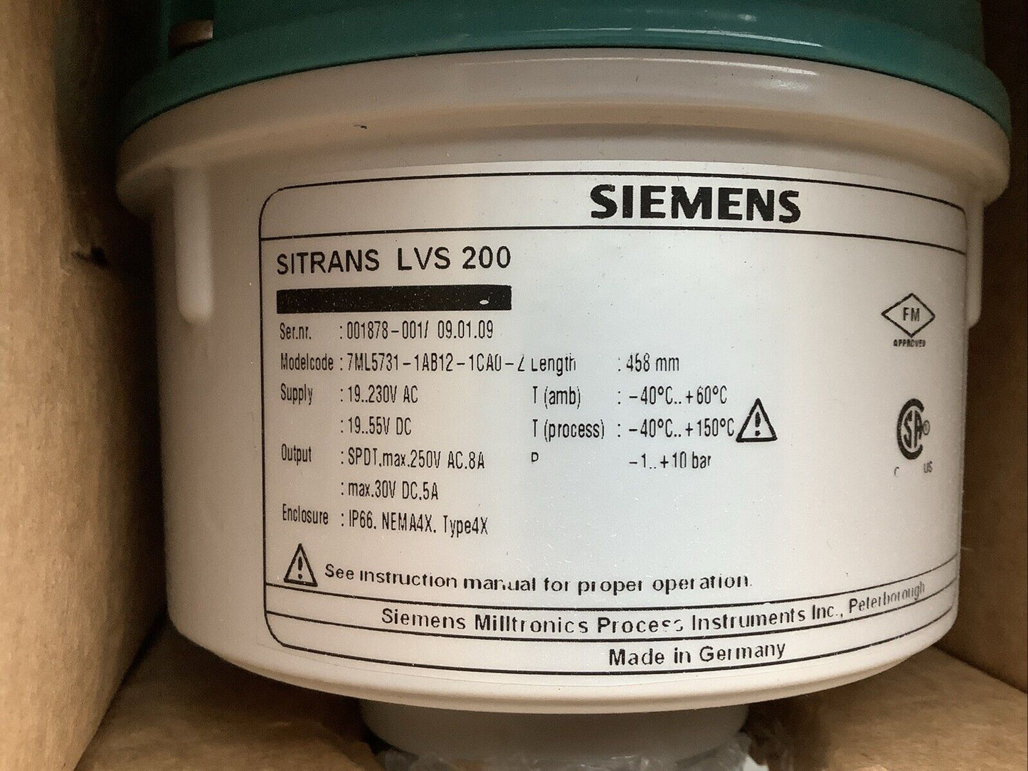 SIEMENS 7ML5731-1AB12-1CA0-Z LVS200 VIBRATING FORK POINT LEVEL SWITCH 458MM