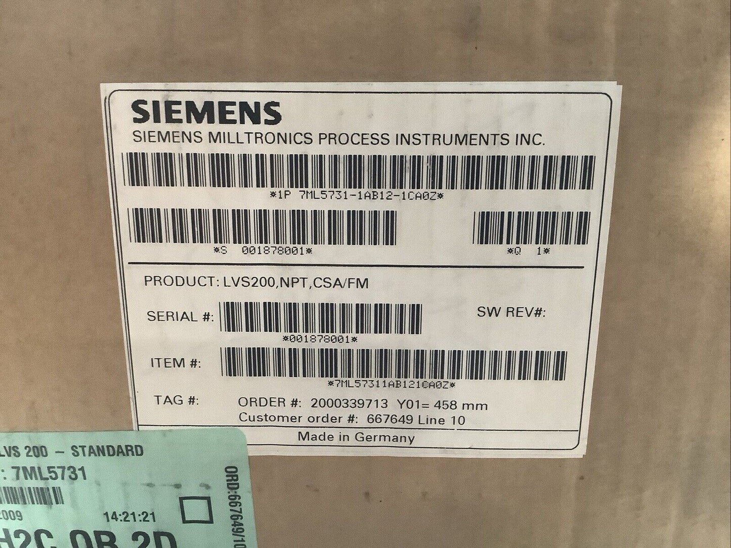 SIEMENS 7ML5731-1AB12-1CA0-Z LVS200 VIBRATING FORK POINT LEVEL SWITCH 458MM