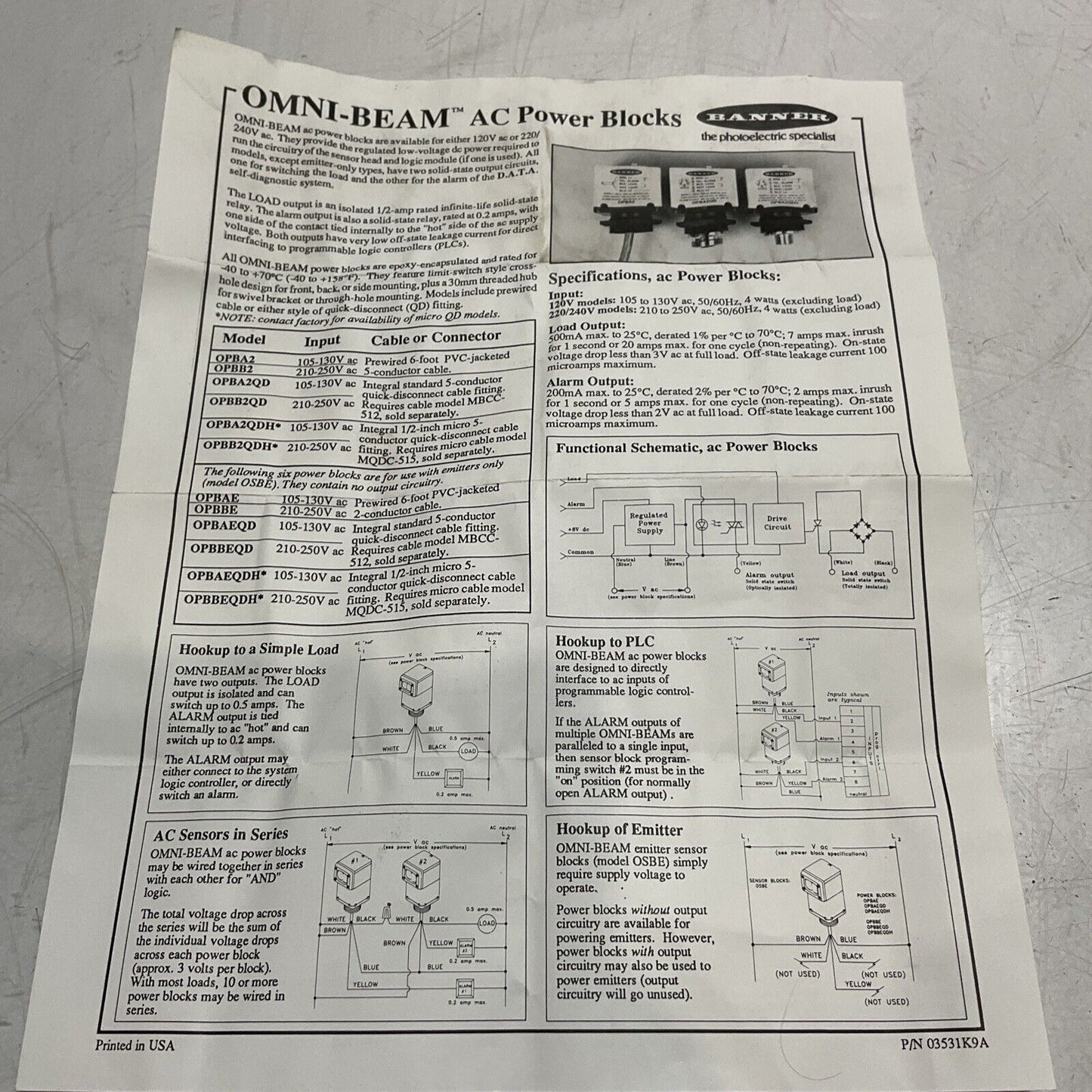 BANNER OPBAEQD  PHOTO CELL OMNI-BEAM AC POWER BLOCK  EMITTER  130V 50/60HZ  U3S