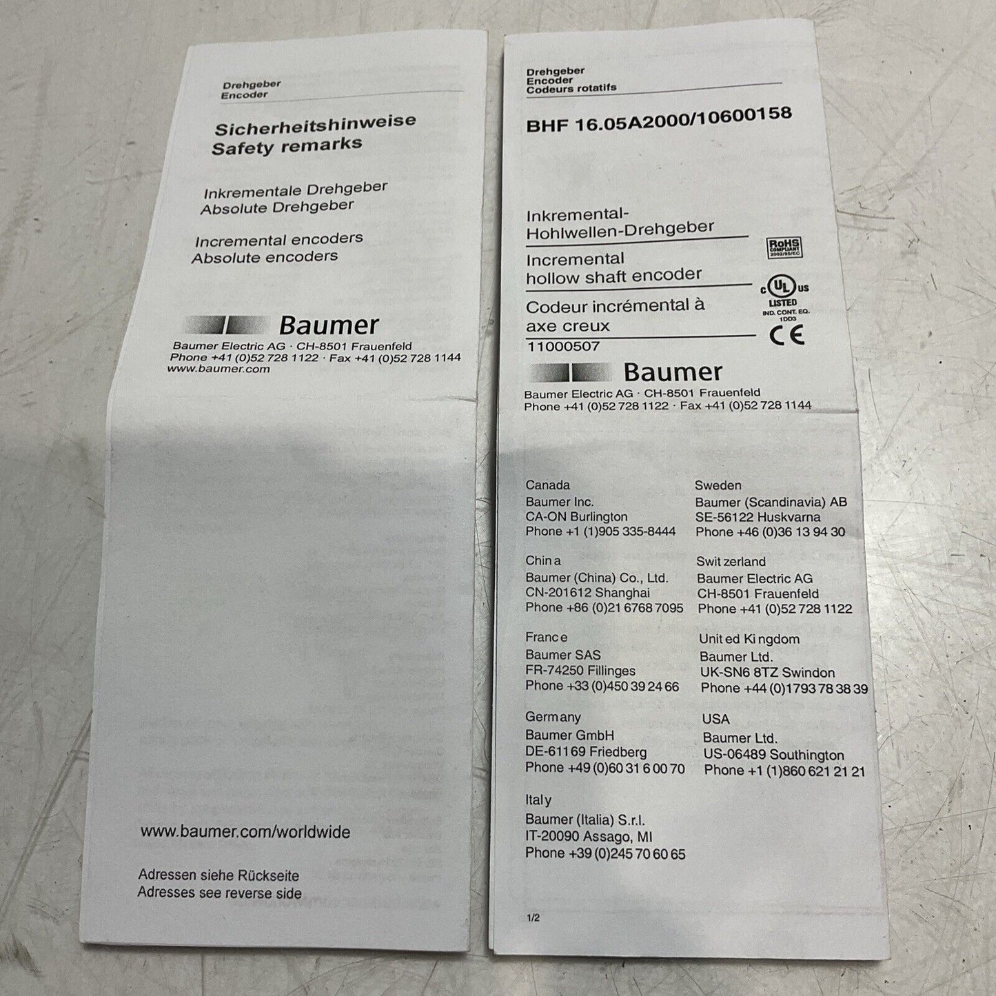 BAUMER  BHF 16.05A2000/10600158 CH-8501 FRAUENFELD WIRED ENCODER  ASSY W455  U3S