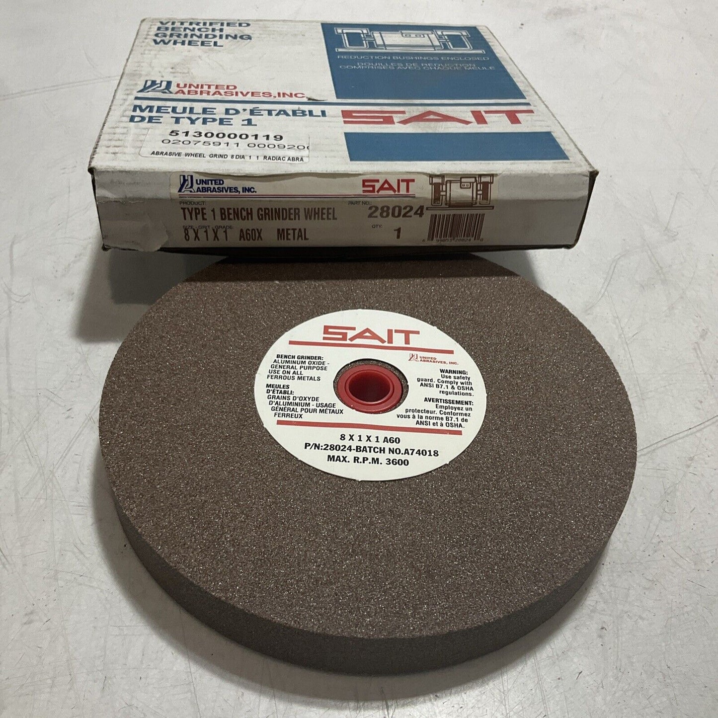 SAIT  28024 TYPE 1 VITRIFIED  ABRASIVE BENCH GRINDING WHEEL 8X1X1 A60 METAL  373