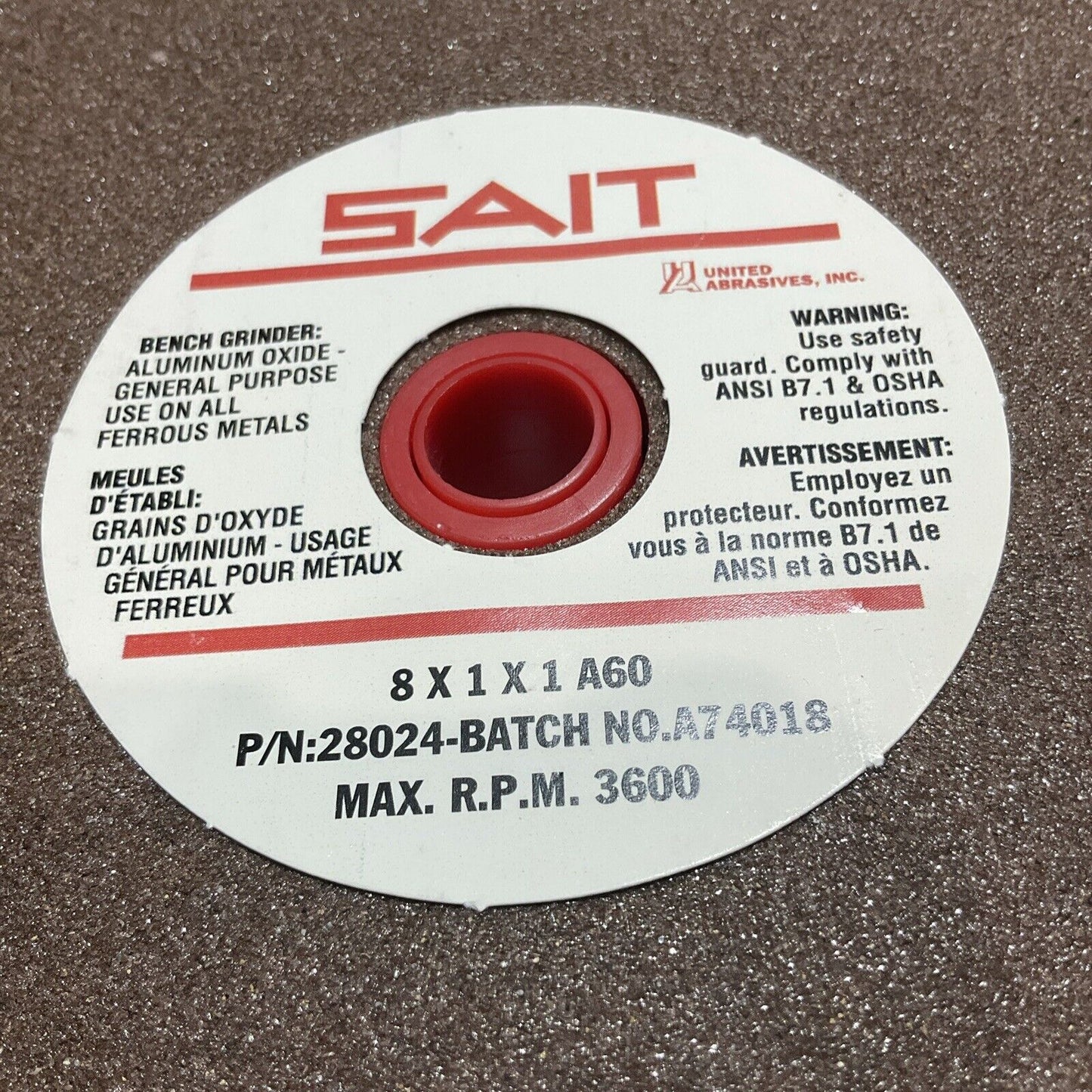 SAIT  28024 TYPE 1 VITRIFIED  ABRASIVE BENCH GRINDING WHEEL 8X1X1 A60 METAL  373