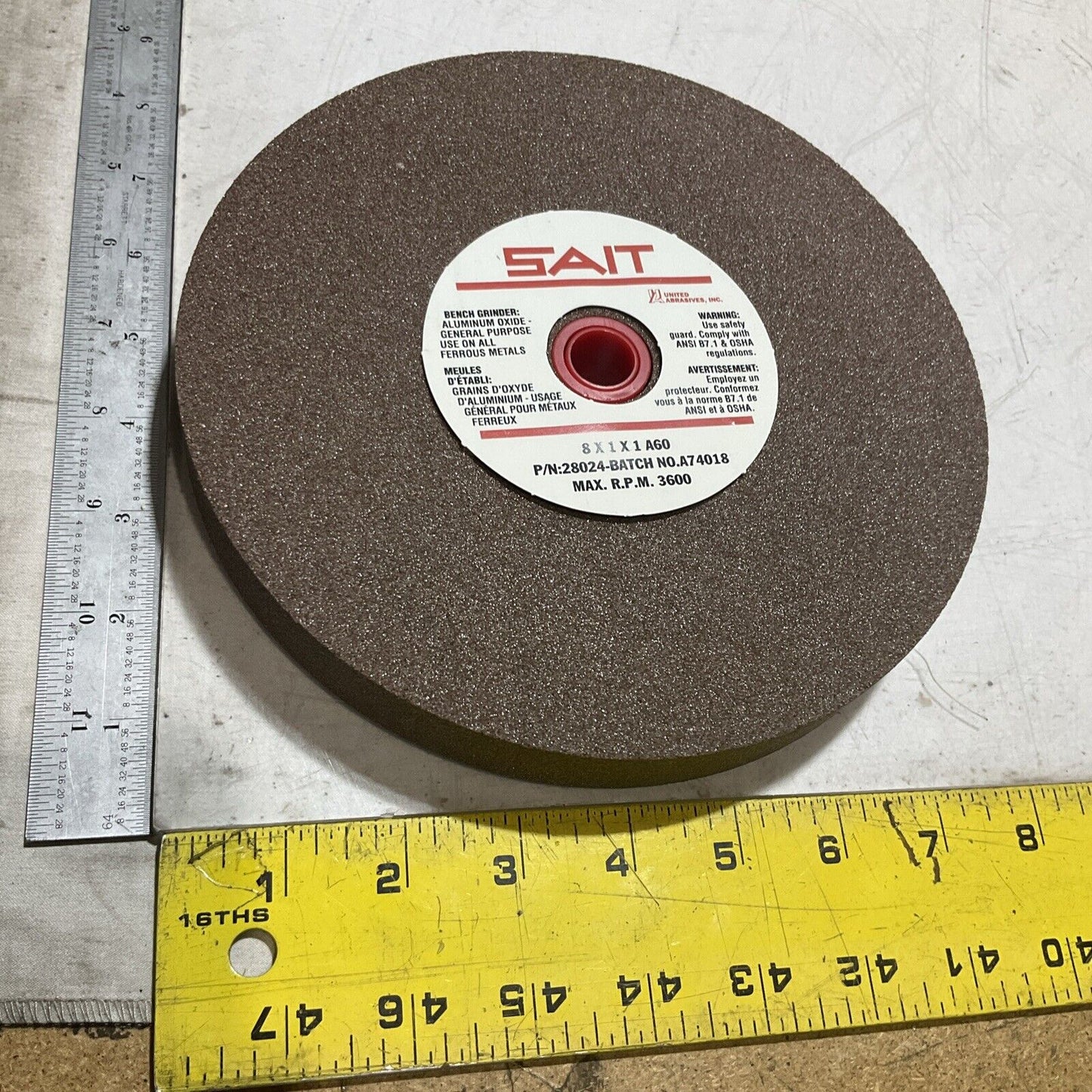 SAIT  28024 TYPE 1 VITRIFIED  ABRASIVE BENCH GRINDING WHEEL 8X1X1 A60 METAL  373