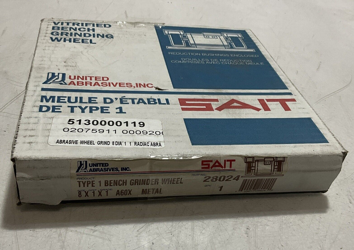 SAIT  28024 TYPE 1 VITRIFIED  ABRASIVE BENCH GRINDING WHEEL 8X1X1 A60 METAL  373