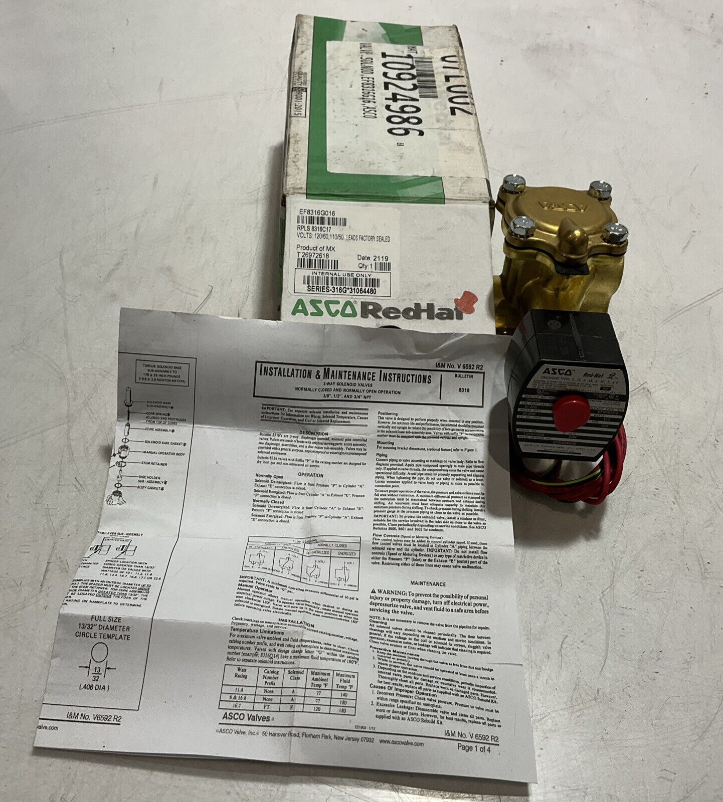 ASCO REDHAT  EF8316G016 SOLENOID VALVE  120/60VOLTS  10-250PIS   U3S